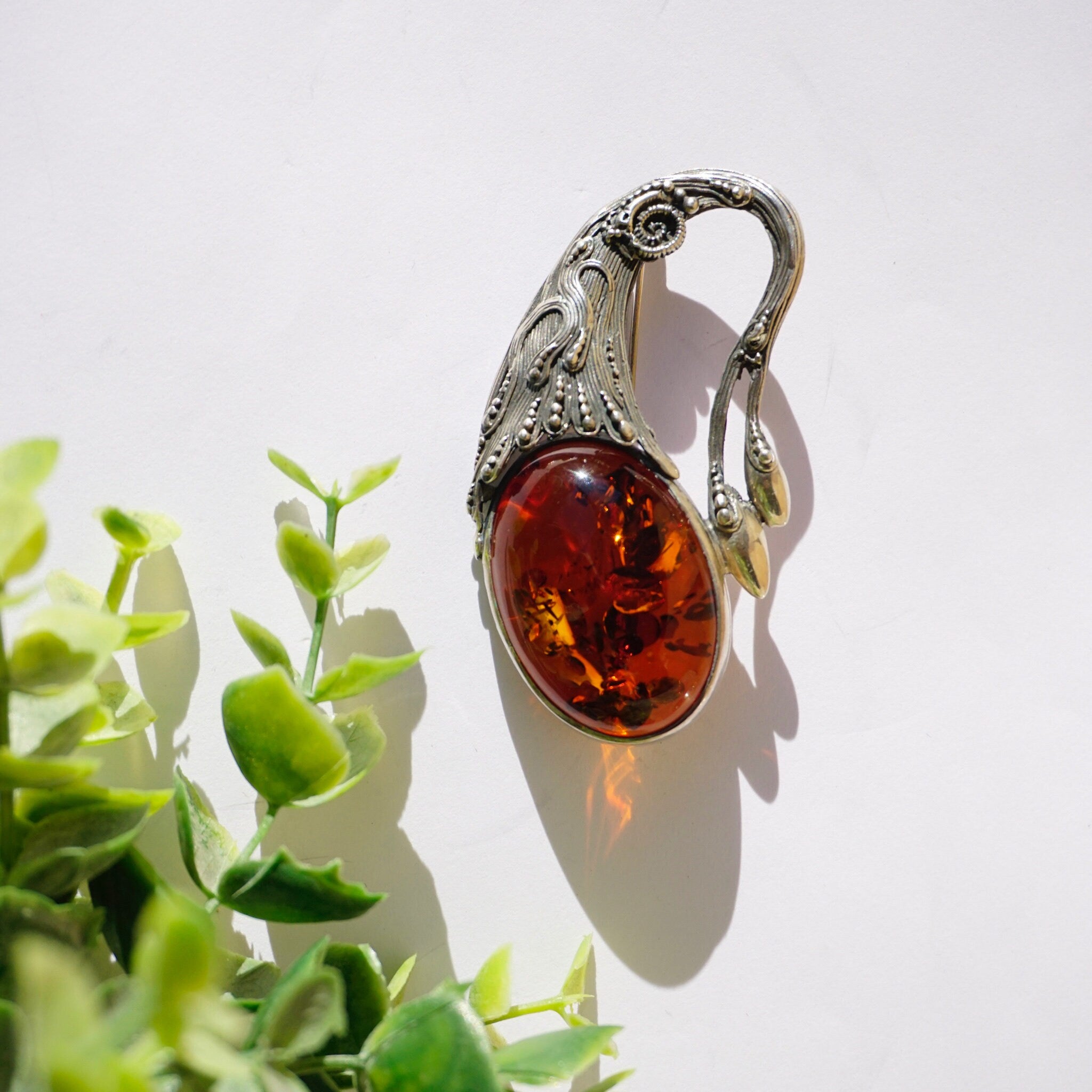 Vintage Sterling Silver Amber Brooch, Amber Brooch With Beautiful Inclusions and A Unique Silver Setting, Art Nouveau Silver Brooch