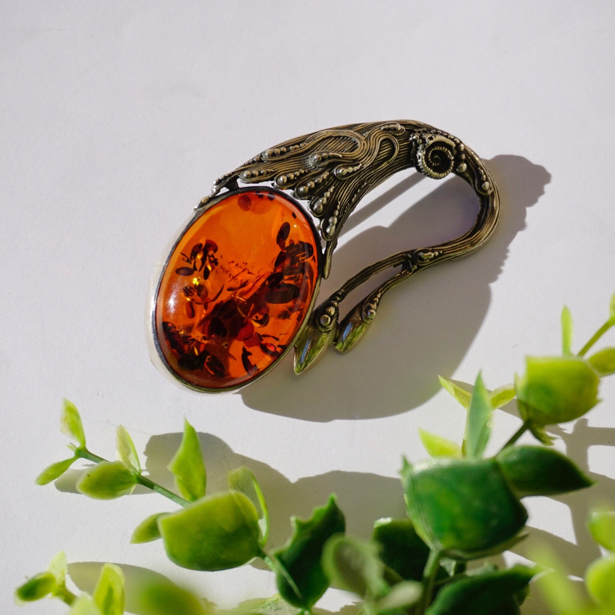 Vintage Sterling Silver Amber Brooch, Amber Brooch With Beautiful Inclusions and A Unique Silver Setting, Art Nouveau Silver Brooch
