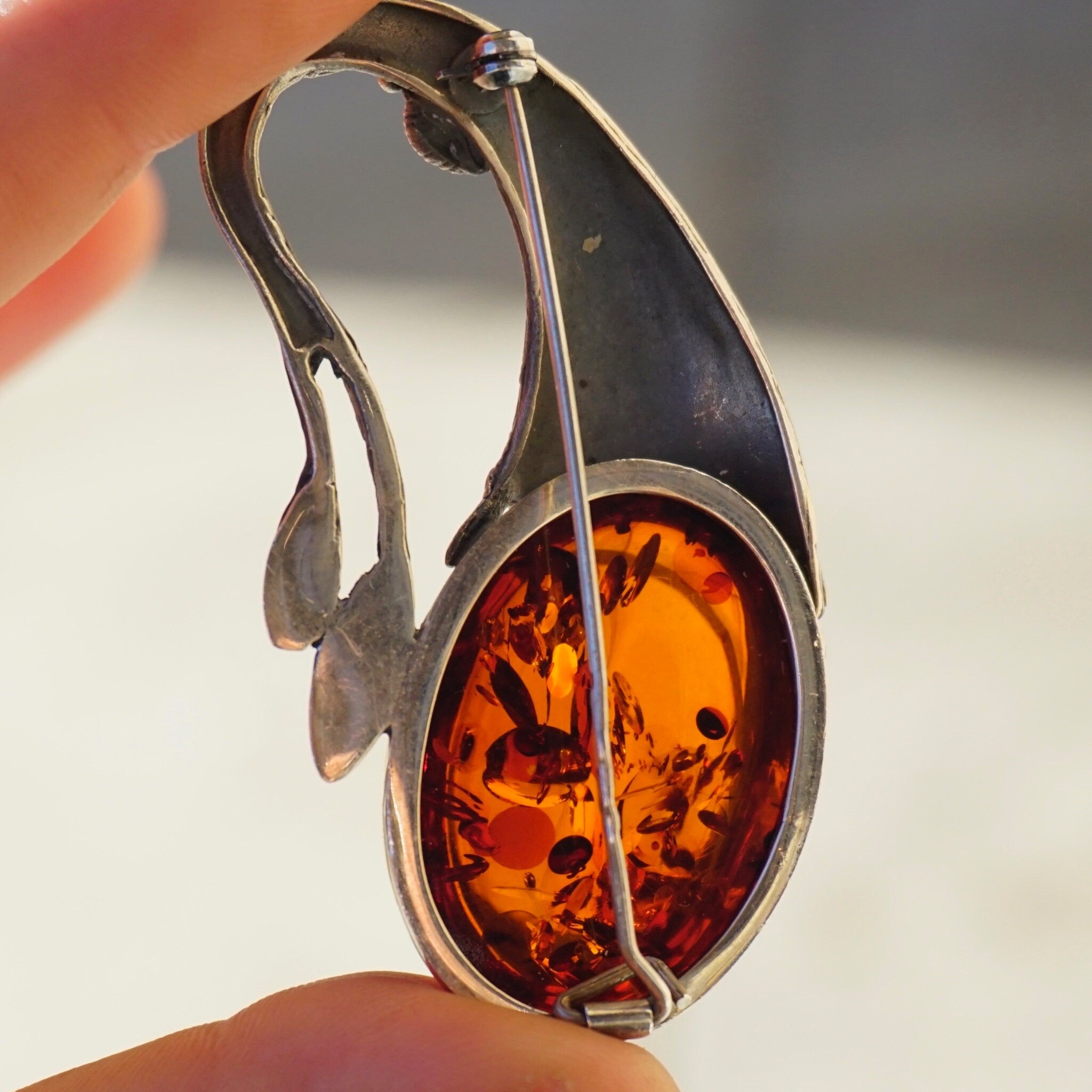 Vintage Sterling Silver Amber Brooch, Amber Brooch With Beautiful Inclusions and A Unique Silver Setting, Art Nouveau Silver Brooch
