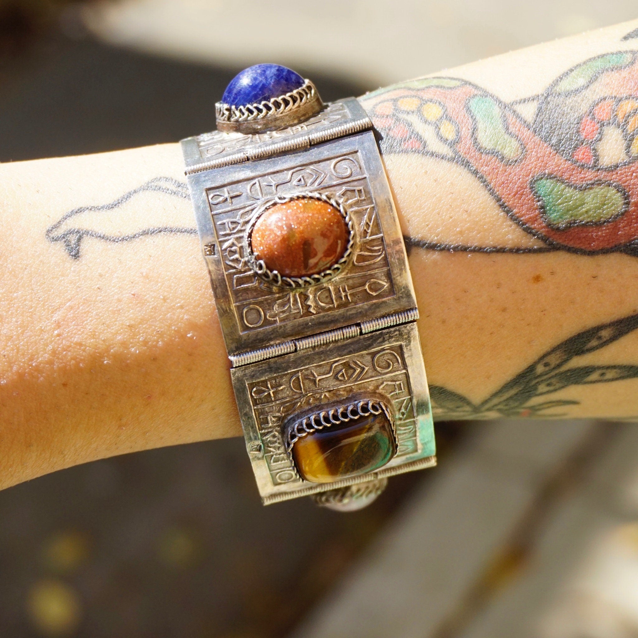 Vintage Silver Panel Hieroglyphic Multi-Stone Bracelet, Unique Silver Bracelet Cuff With Bezeled Stones, Unique Silver Symbol Bracelet, 925