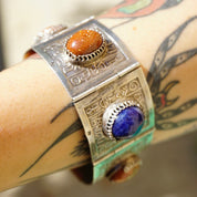 Vintage Silver Panel Hieroglyphic Multi-Stone Bracelet, Unique Silver Bracelet Cuff With Bezeled Stones, Unique Silver Symbol Bracelet, 925