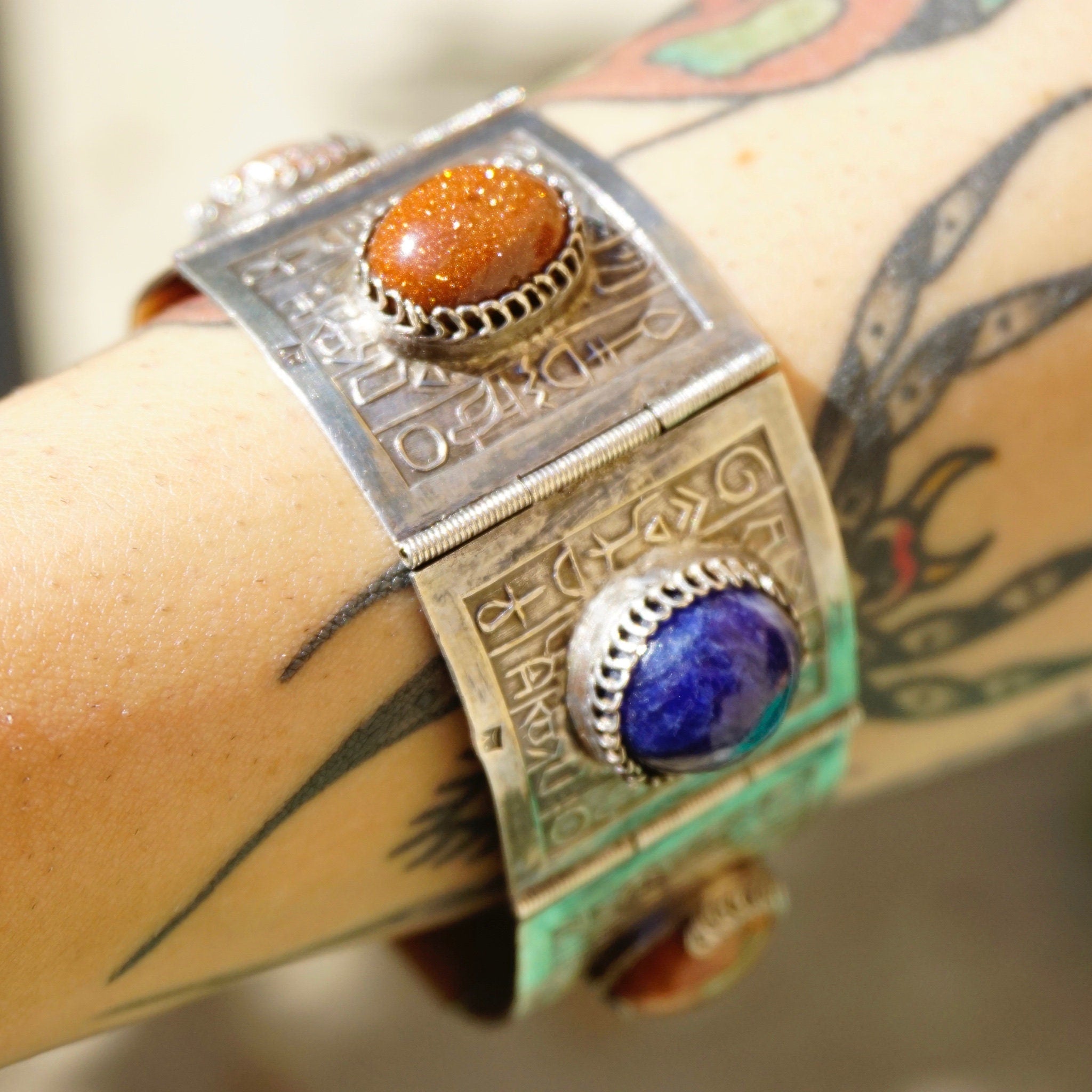 Vintage Silver Panel Hieroglyphic Multi-Stone Bracelet, Unique Silver Bracelet Cuff With Bezeled Stones, Unique Silver Symbol Bracelet, 925