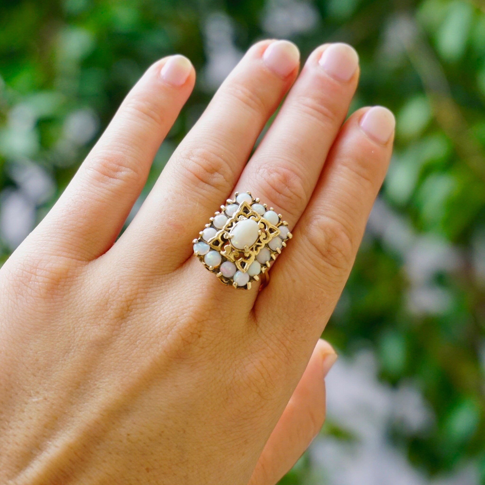 Vintage 14K Gold Opal Cluster Cocktail Ring, Unique Gold Square Cocktail Ring With Opal Stones, Elegant 14K Gold and Opal Cocktail Ring