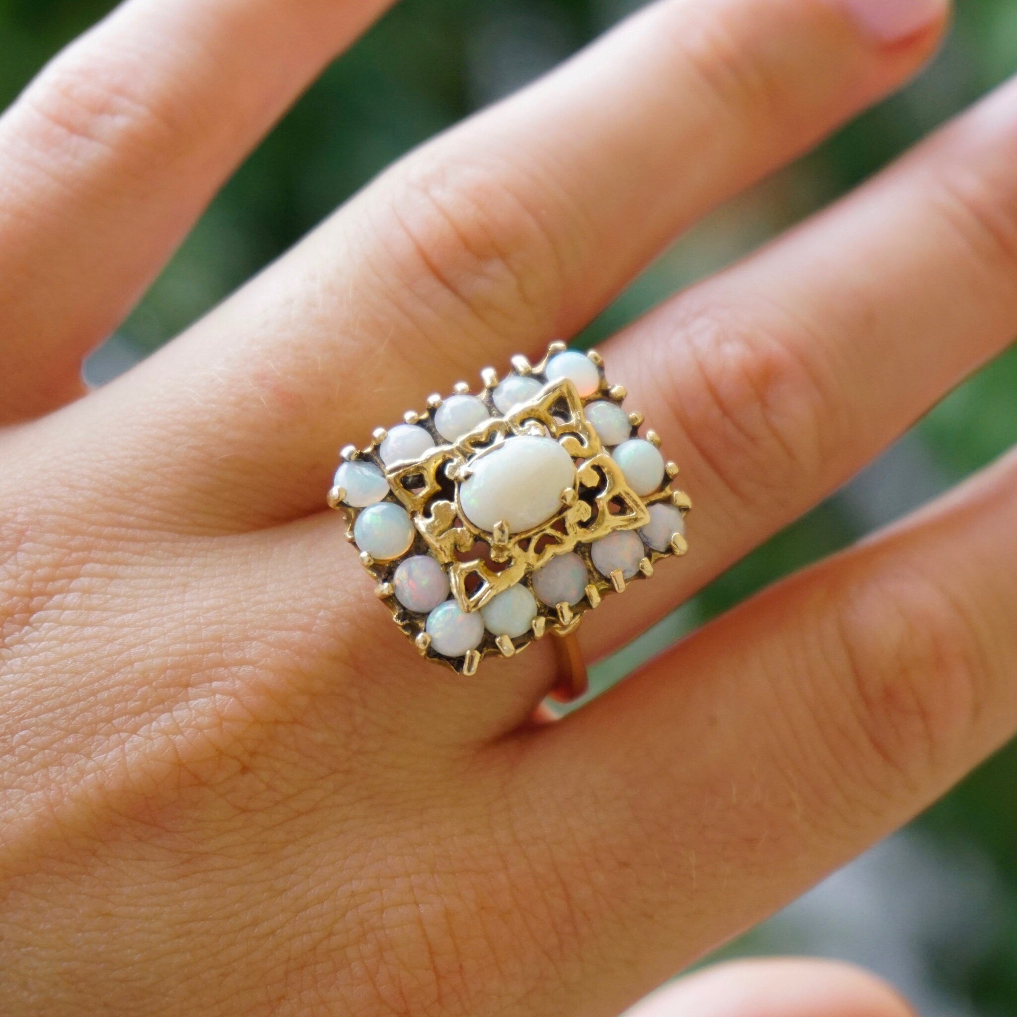 Vintage 14K Gold Opal Cluster Cocktail Ring, Unique Gold Square Cocktail Ring With Opal Stones, Elegant 14K Gold and Opal Cocktail Ring