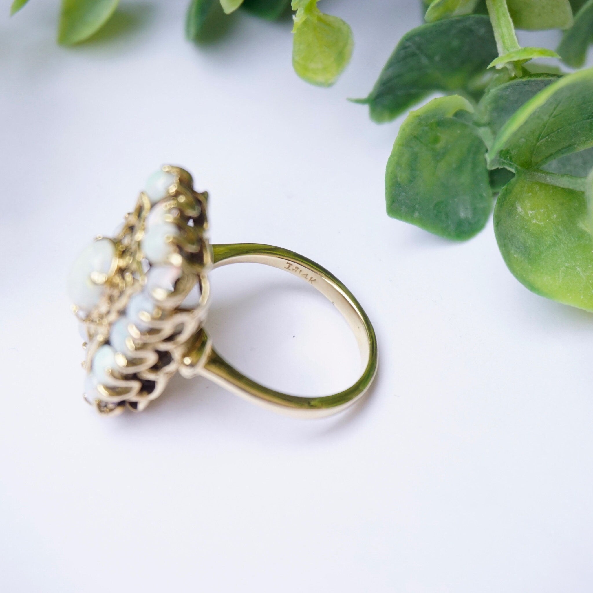 Vintage 14K Gold Opal Cluster Cocktail Ring, Unique Gold Square Cocktail Ring With Opal Stones, Elegant 14K Gold and Opal Cocktail Ring