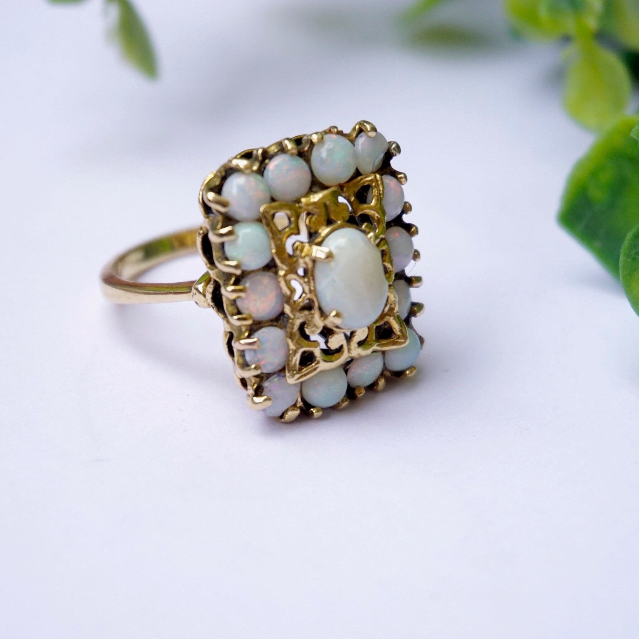 Vintage 14K Gold Opal Cluster Cocktail Ring, Unique Gold Square Cocktail Ring With Opal Stones, Elegant 14K Gold and Opal Cocktail Ring