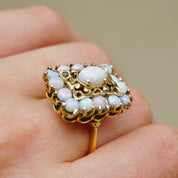 Vintage 14K Gold Opal Cluster Cocktail Ring, Unique Gold Square Cocktail Ring With Opal Stones, Elegant 14K Gold and Opal Cocktail Ring