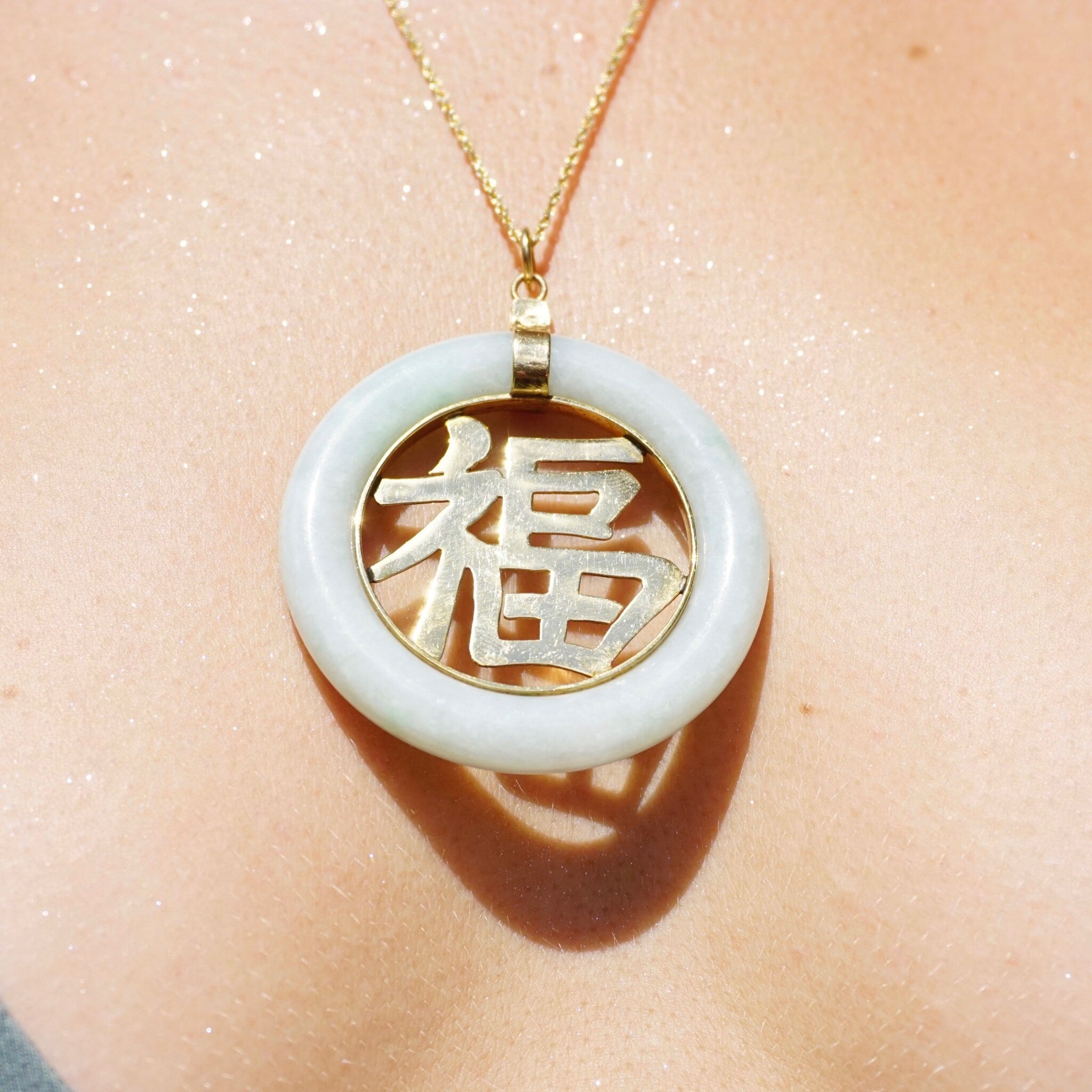 Vintage 14K Gold Jade Chinese Symbol Pendant, Large Light Green Jade Pendant With 14K Gold Chinese Symbol, Beautiful Green Jade Pendant