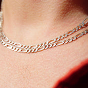 Vintage sterling silver figaro chain necklace on skin, extra long 34 inch silver chain made in Italy, 925 silver layered figaro chain closeup