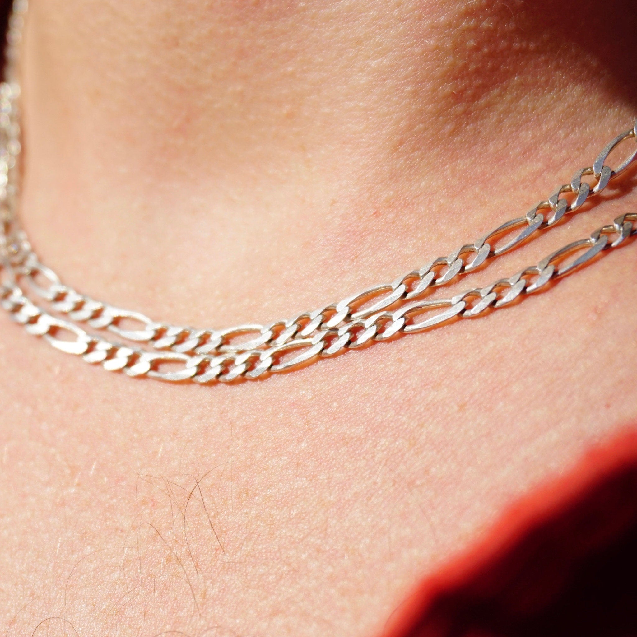 Vintage sterling silver figaro chain necklace on skin, extra long 34 inch silver chain made in Italy, 925 silver layered figaro chain closeup