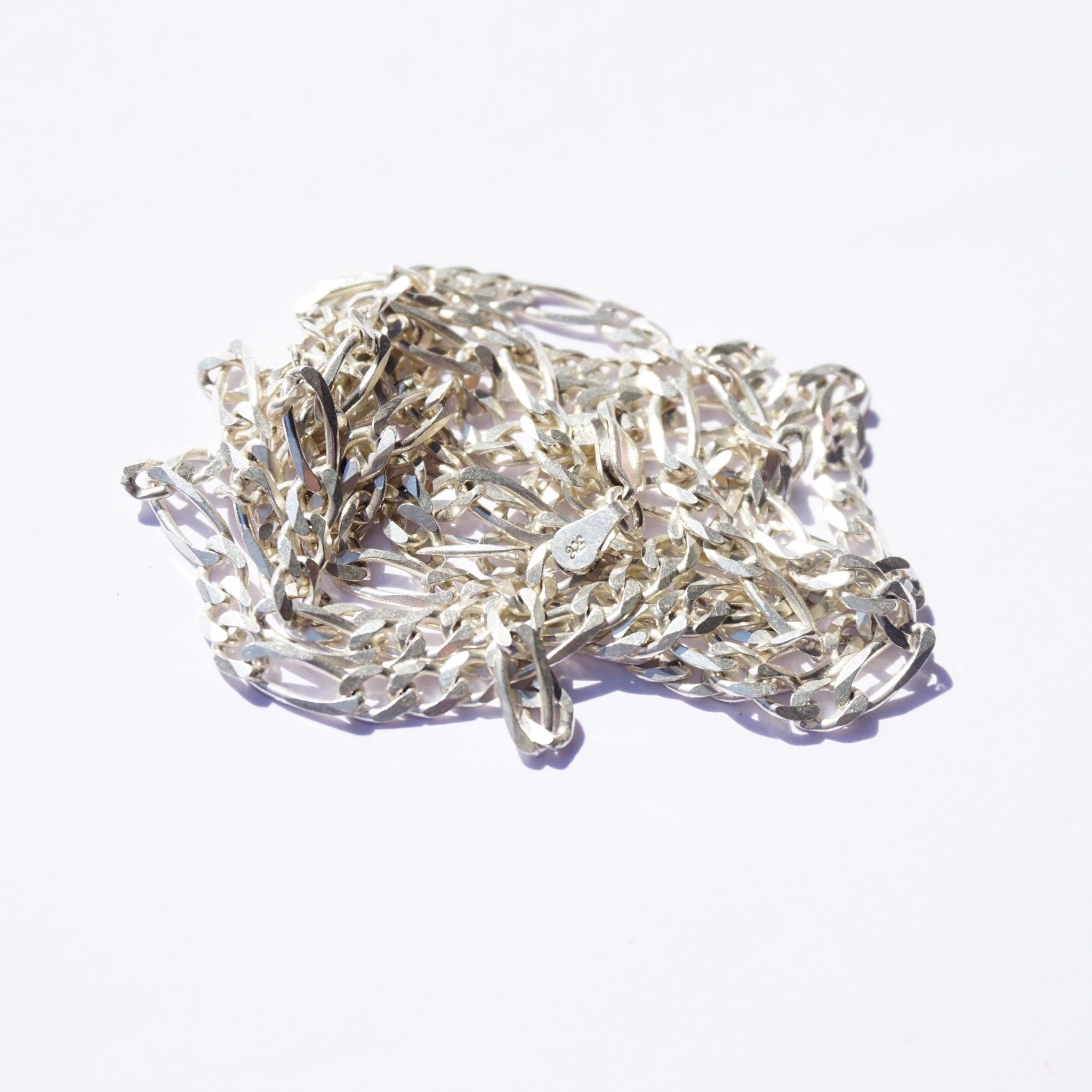 Vintage sterling silver figaro chain necklace, extra long 34 inch length, made in Italy 925 silver, suitable for layering