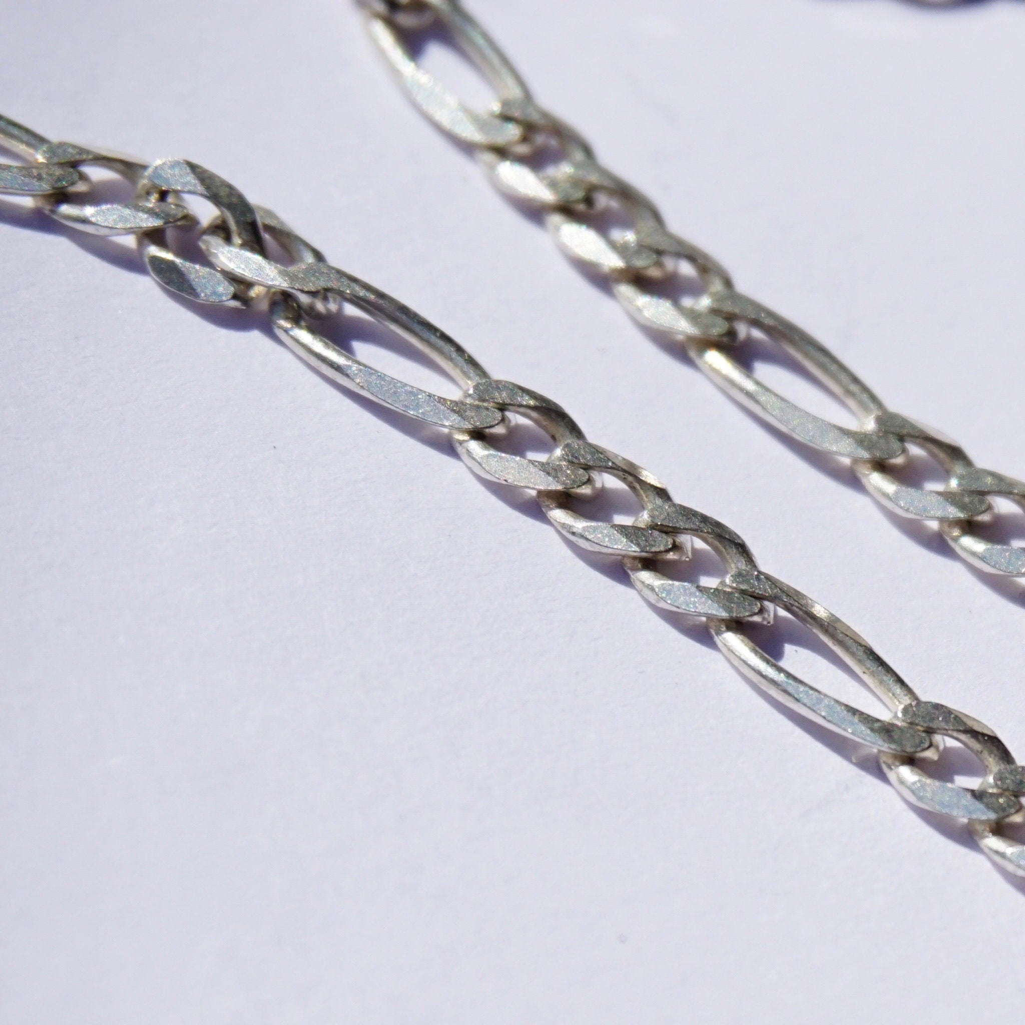 Vintage Sterling Silver Figaro Chain, Extra Long 34 Inch Silver Chain Made In Italy, 925 Layered Figaro Chain Links on White Background