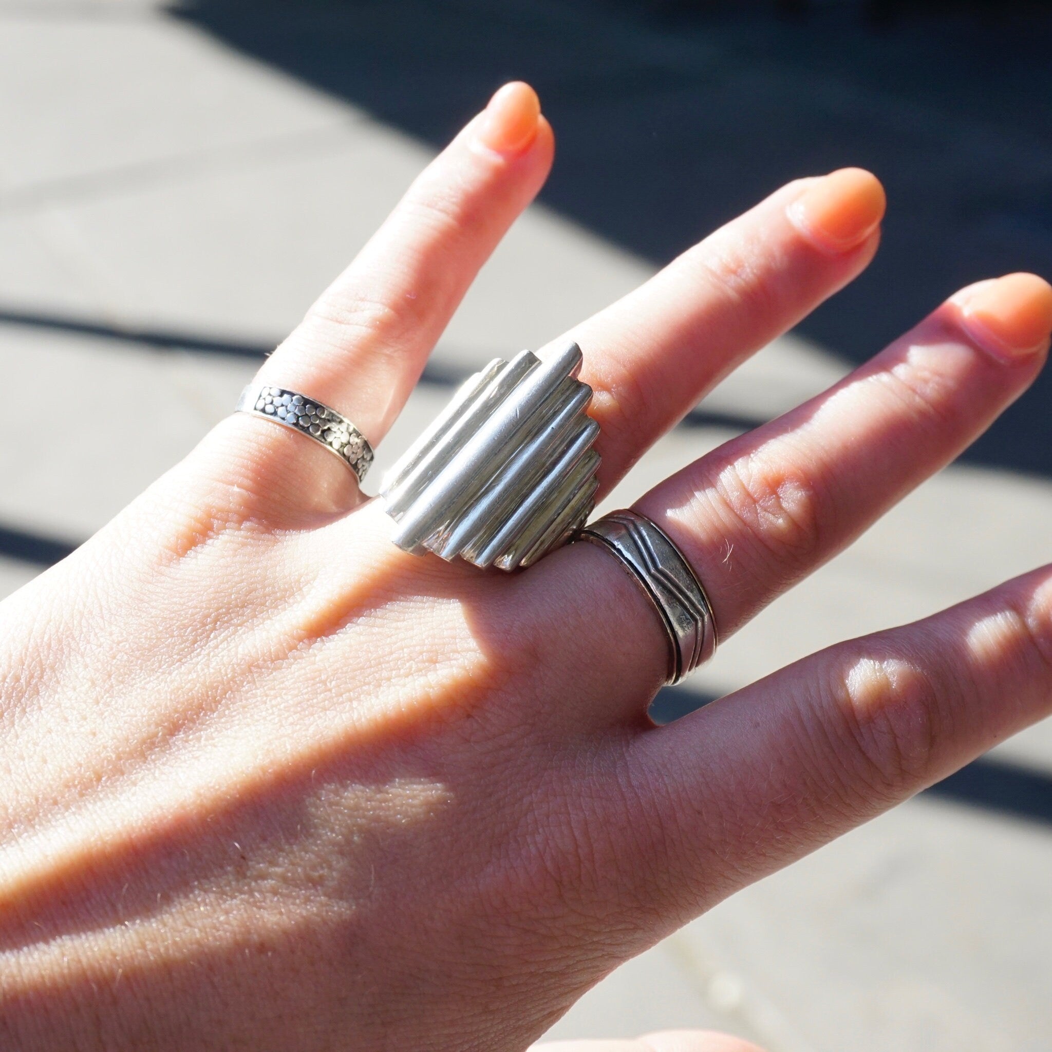 Vintage Sterling Silver Tiered Ring, Hammered Silver Staircase Ring, Long Finger Silver Ring With Step Design, Silver Statement Ring