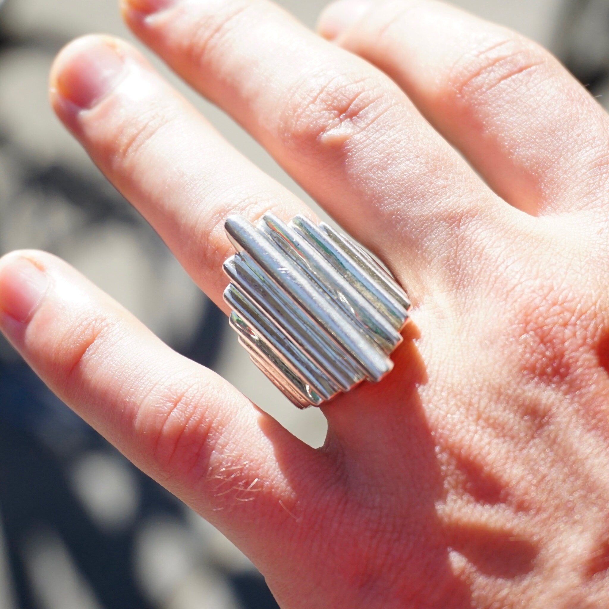Vintage Sterling Silver Tiered Ring, Hammered Silver Staircase Ring, Long Finger Silver Ring With Step Design, Silver Statement Ring