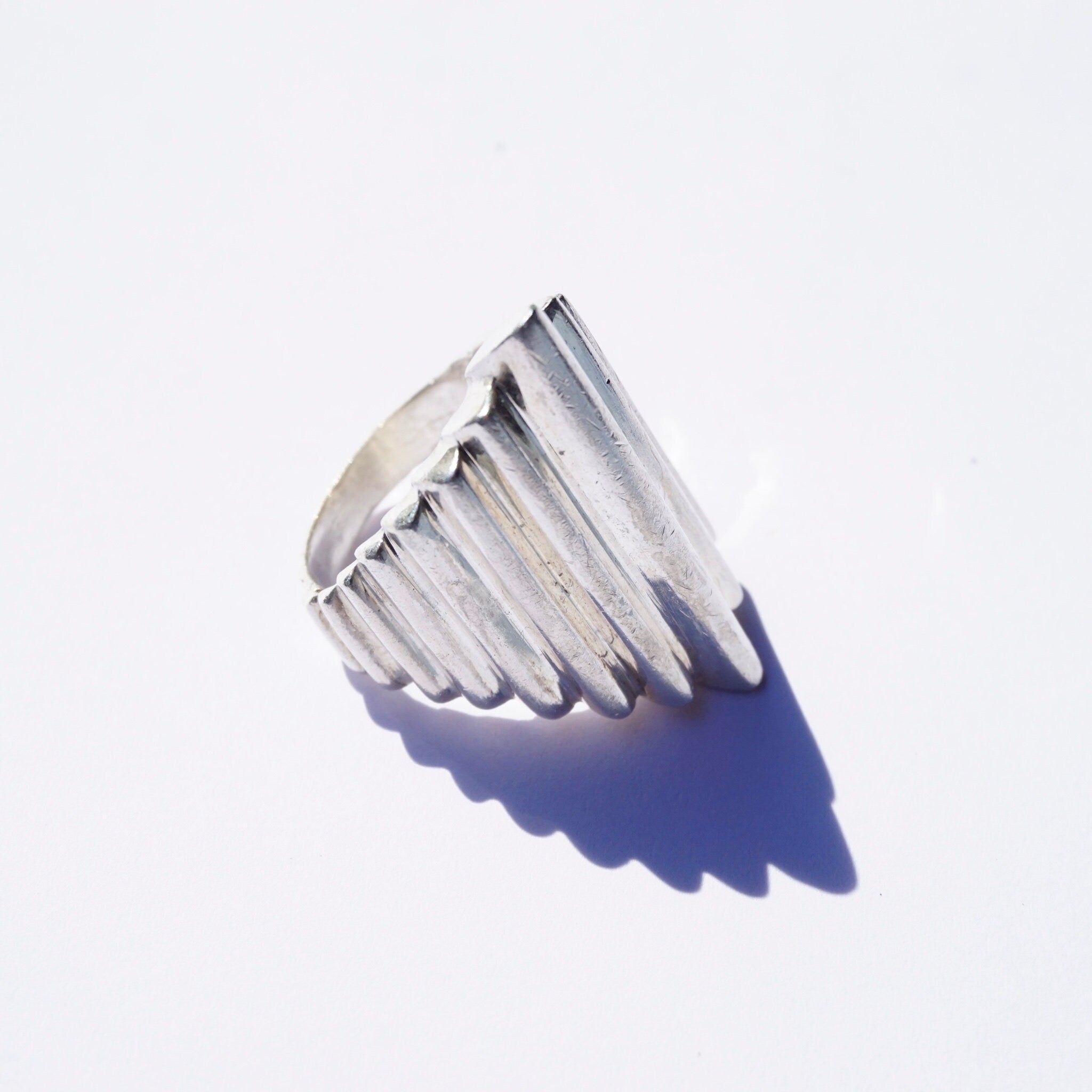 Vintage Sterling Silver Tiered Ring, Hammered Silver Staircase Ring, Long Finger Silver Ring With Step Design, Silver Statement Ring