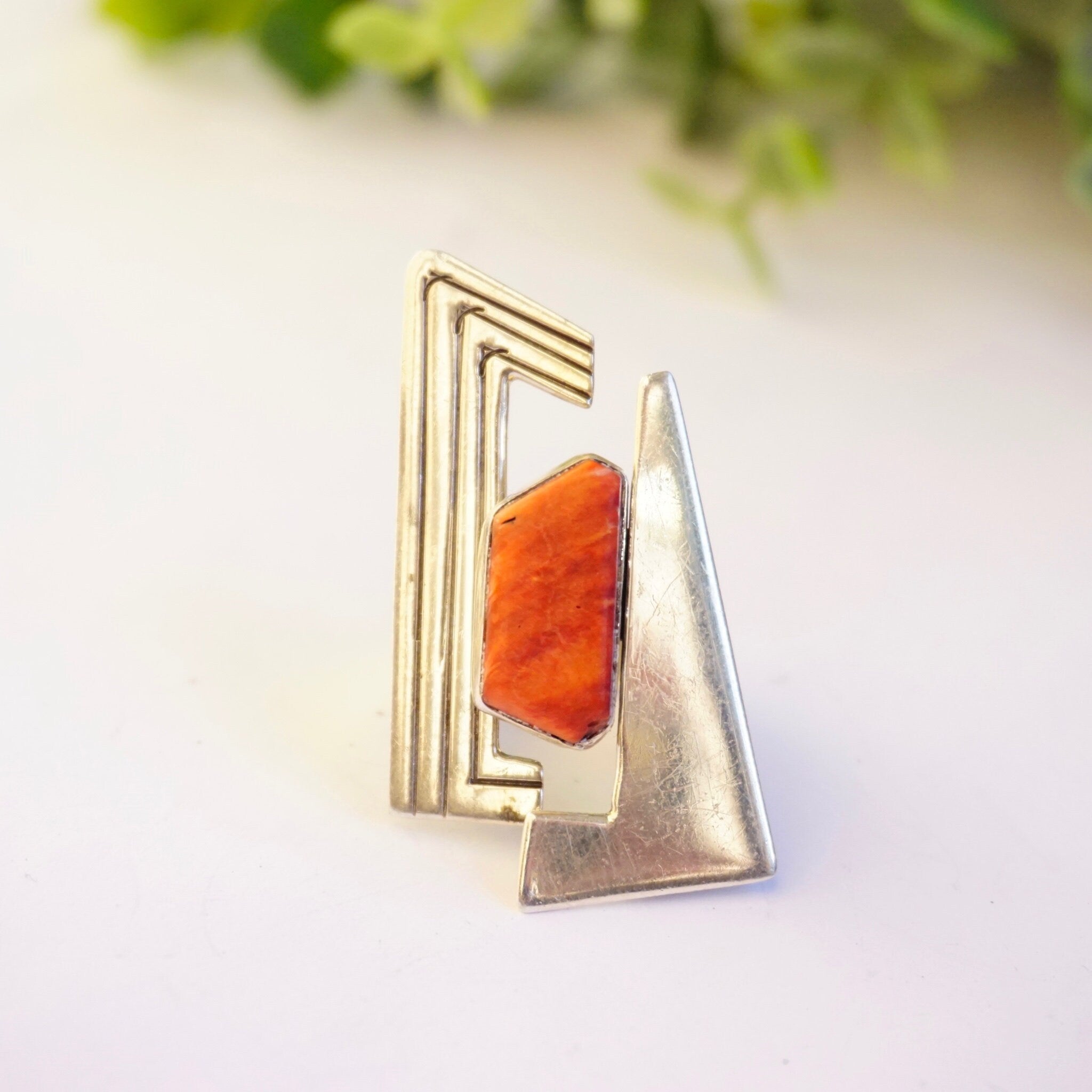 Vintage JB Sterling Coral Ring, Avant Gard Coral and Silver Ring, Large Abstract Ring With Coral Stone, 925 Jewelry