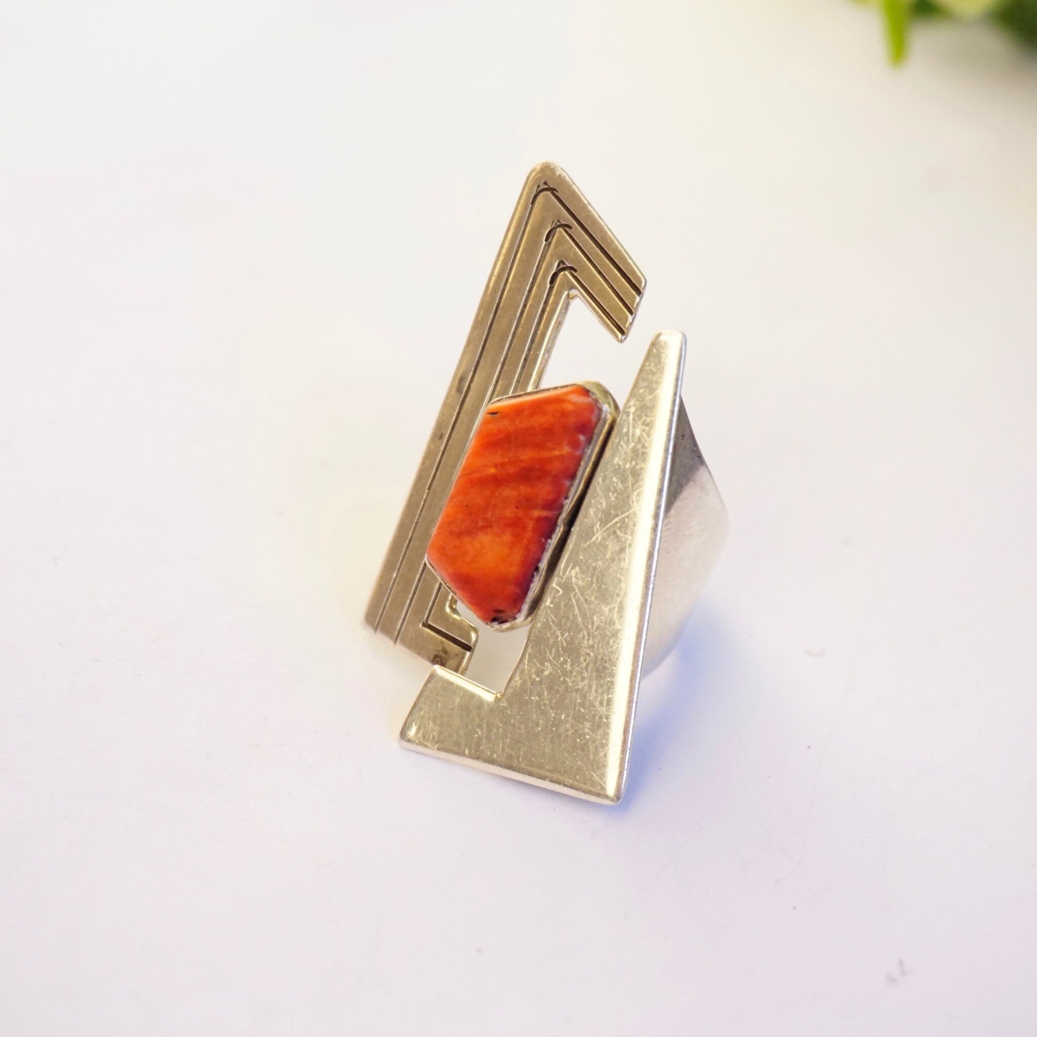 Vintage JB Sterling Coral Ring, Avant Gard Coral and Silver Ring, Large Abstract Ring With Coral Stone, 925 Jewelry