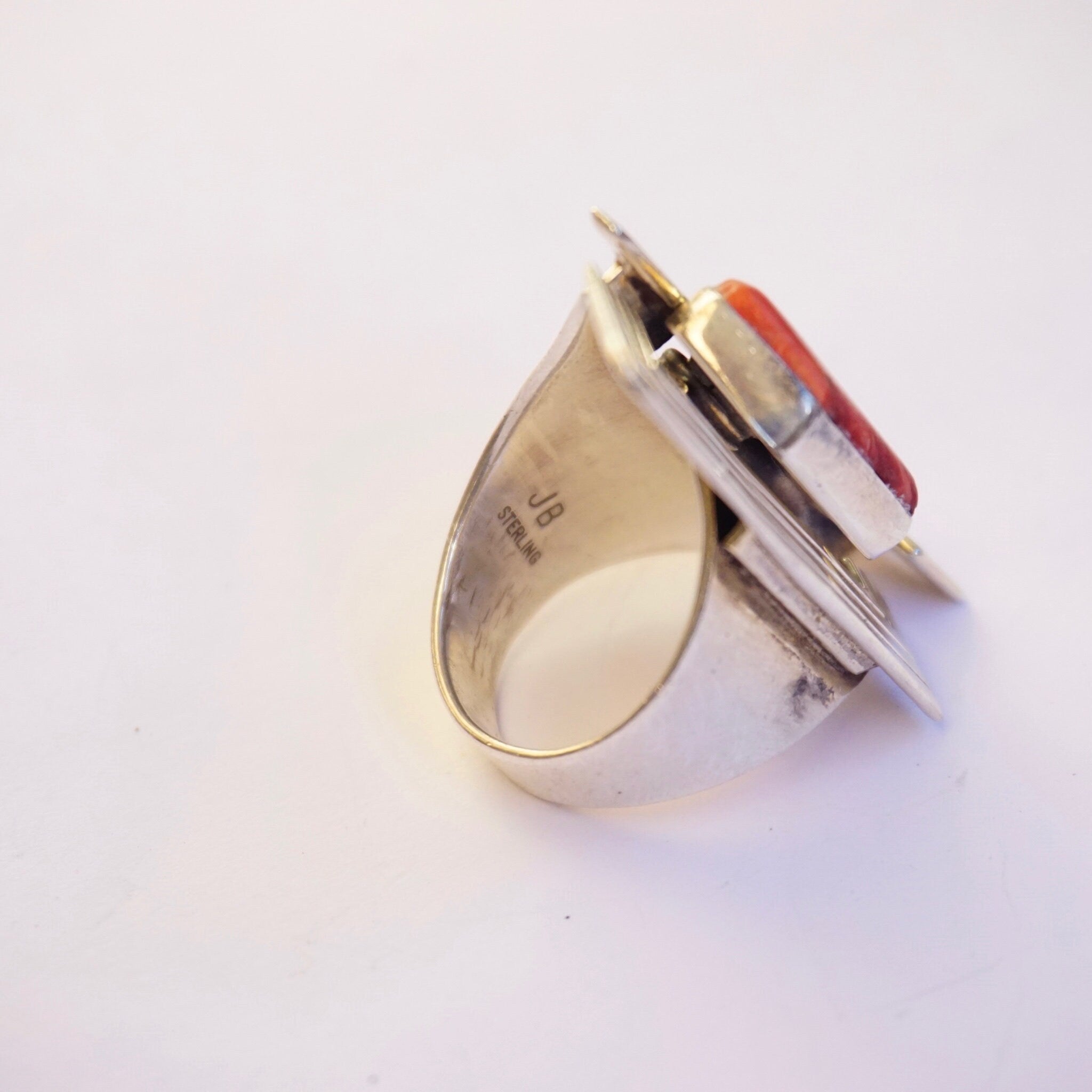 Vintage JB Sterling Coral Ring, Avant Gard Coral and Silver Ring, Large Abstract Ring With Coral Stone, 925 Jewelry