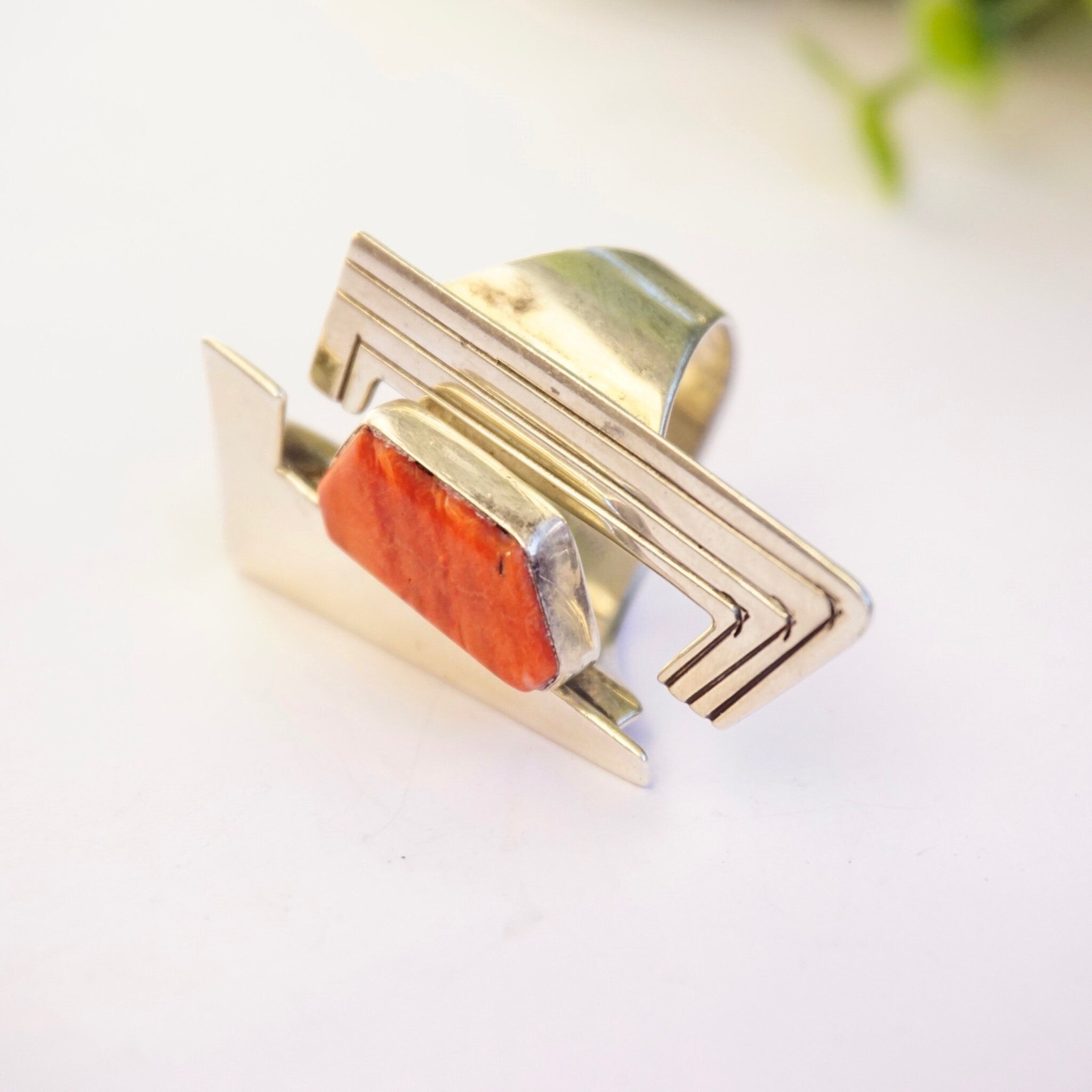 Vintage JB Sterling Coral Ring, Avant Gard Coral and Silver Ring, Large Abstract Ring With Coral Stone, 925 Jewelry