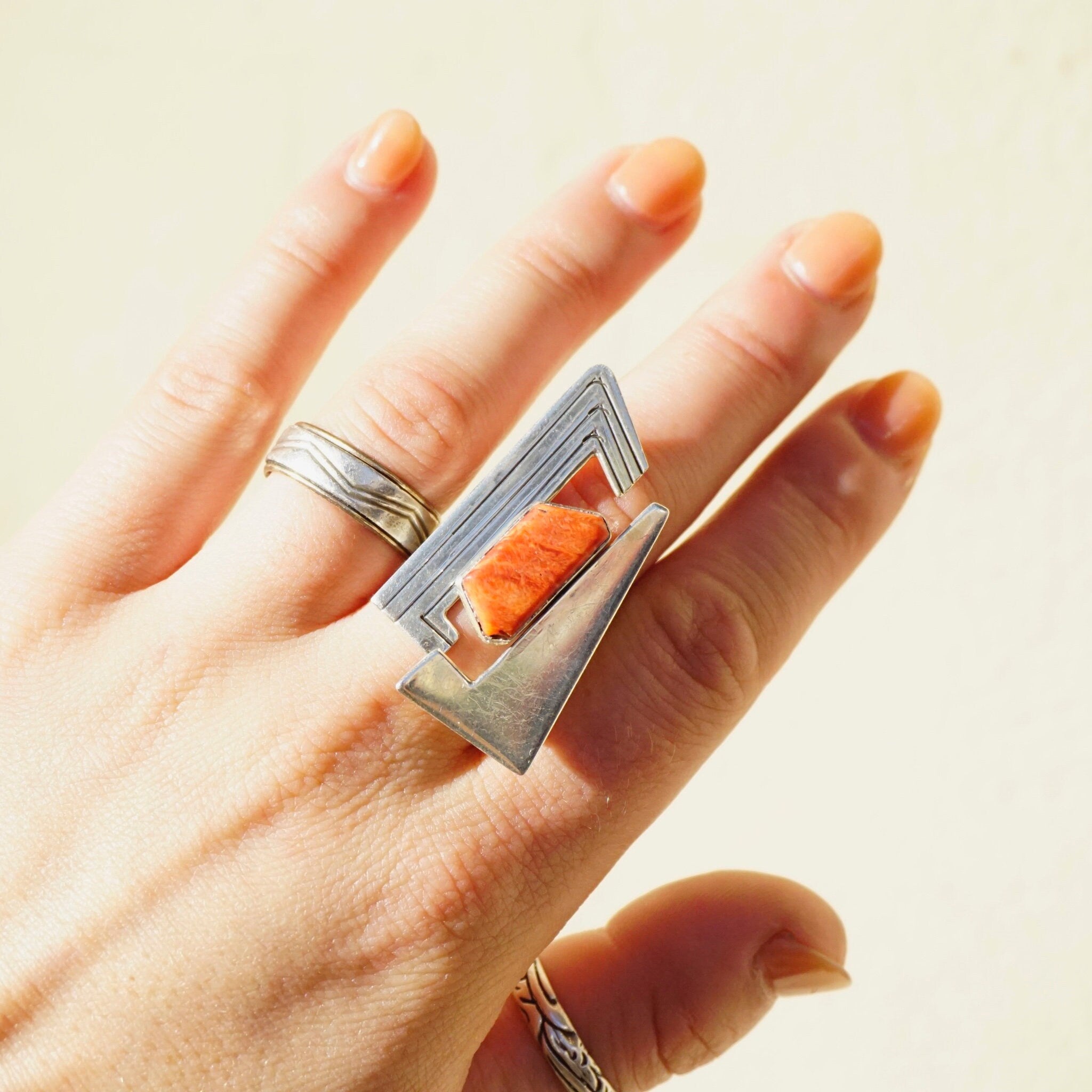 Vintage JB Sterling Coral Ring, Avant Gard Coral and Silver Ring, Large Abstract Ring With Coral Stone, 925 Jewelry