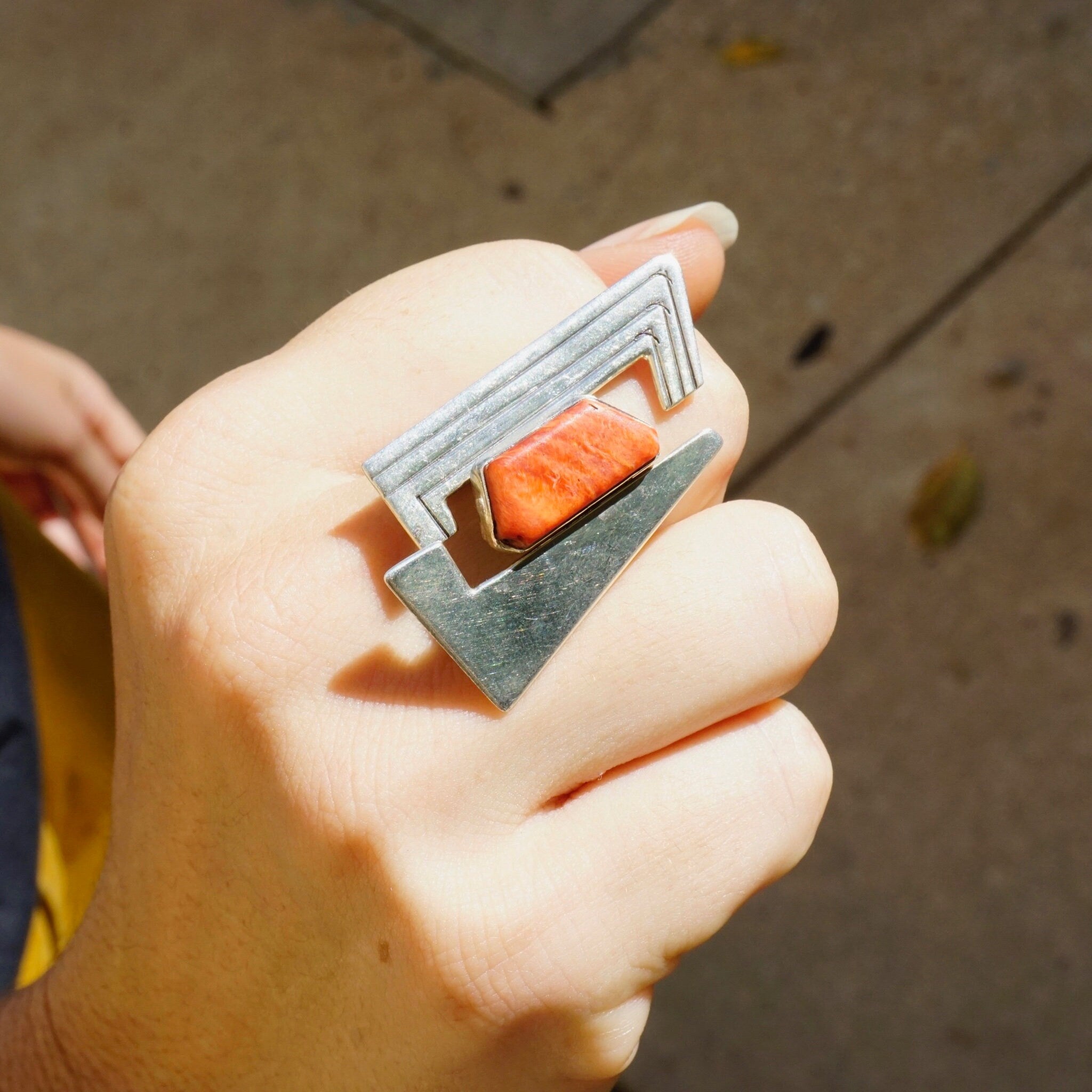 Vintage JB Sterling Coral Ring, Avant Gard Coral and Silver Ring, Large Abstract Ring With Coral Stone, 925 Jewelry