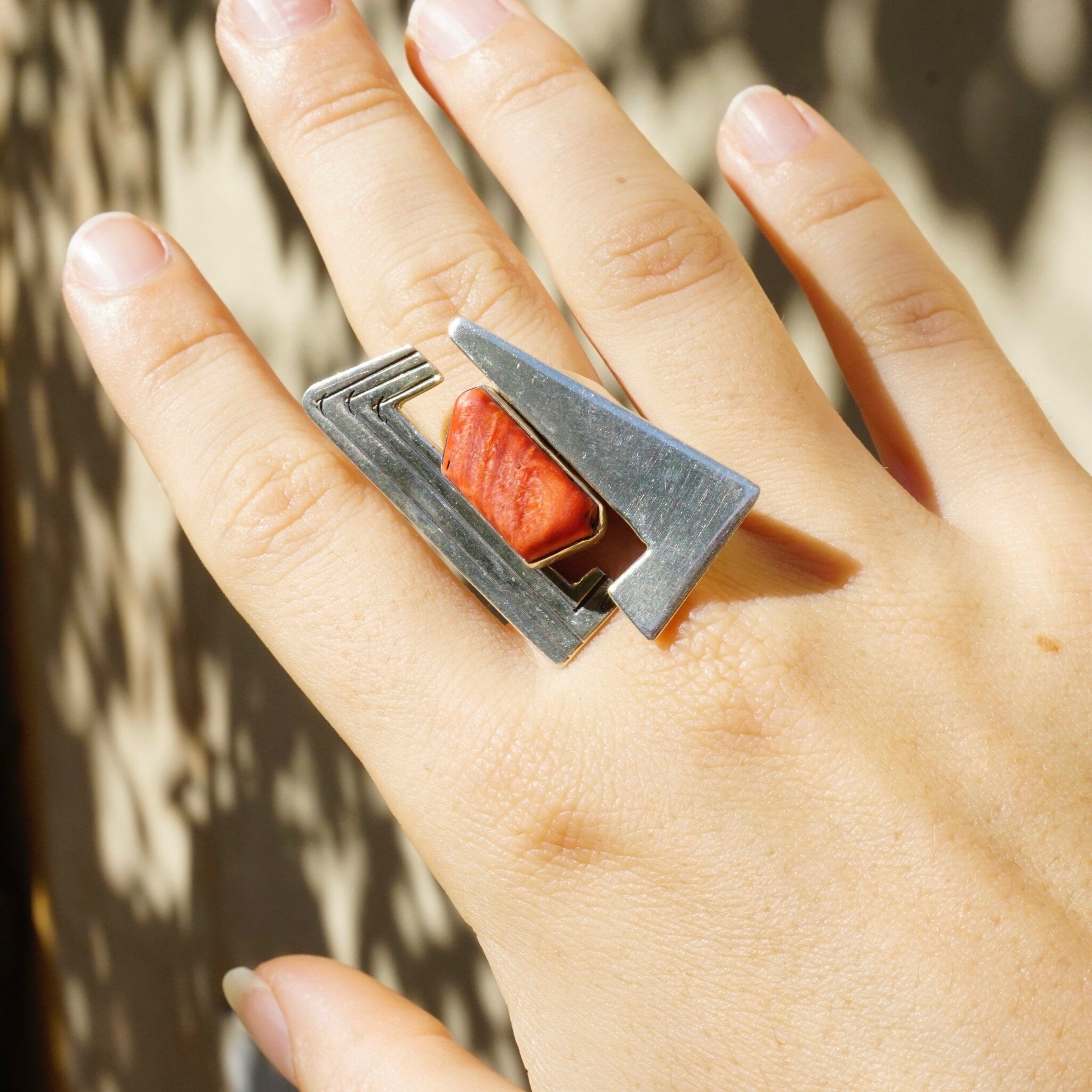 Vintage JB Sterling Coral Ring, Avant Gard Coral and Silver Ring, Large Abstract Ring With Coral Stone, 925 Jewelry