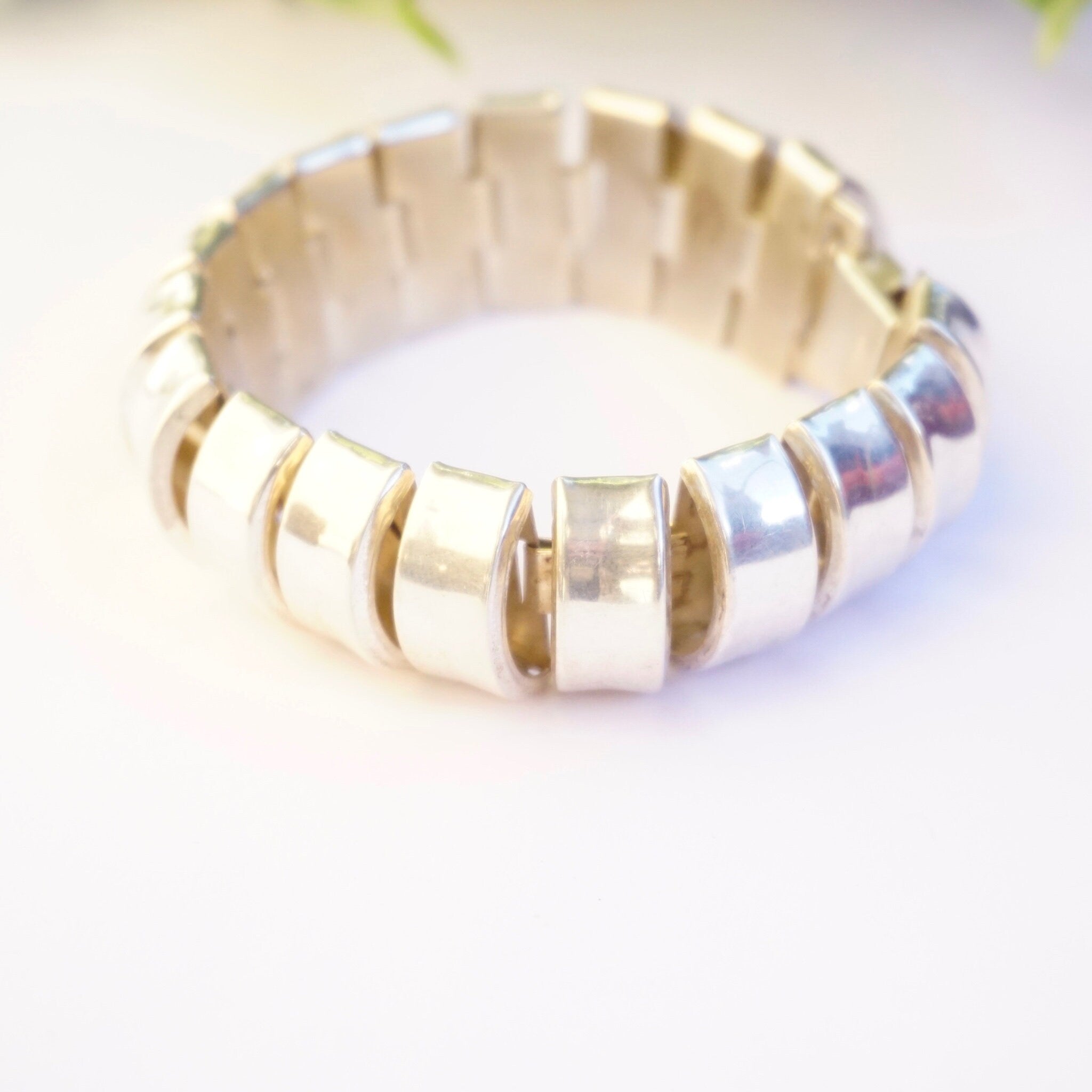 Vintage Sterling Silver Rounded Link Bracelet, Unique Half-Circle Silver Link Bracelet, Modernist Silver Bracelet Cuff, 925 Jewelry
