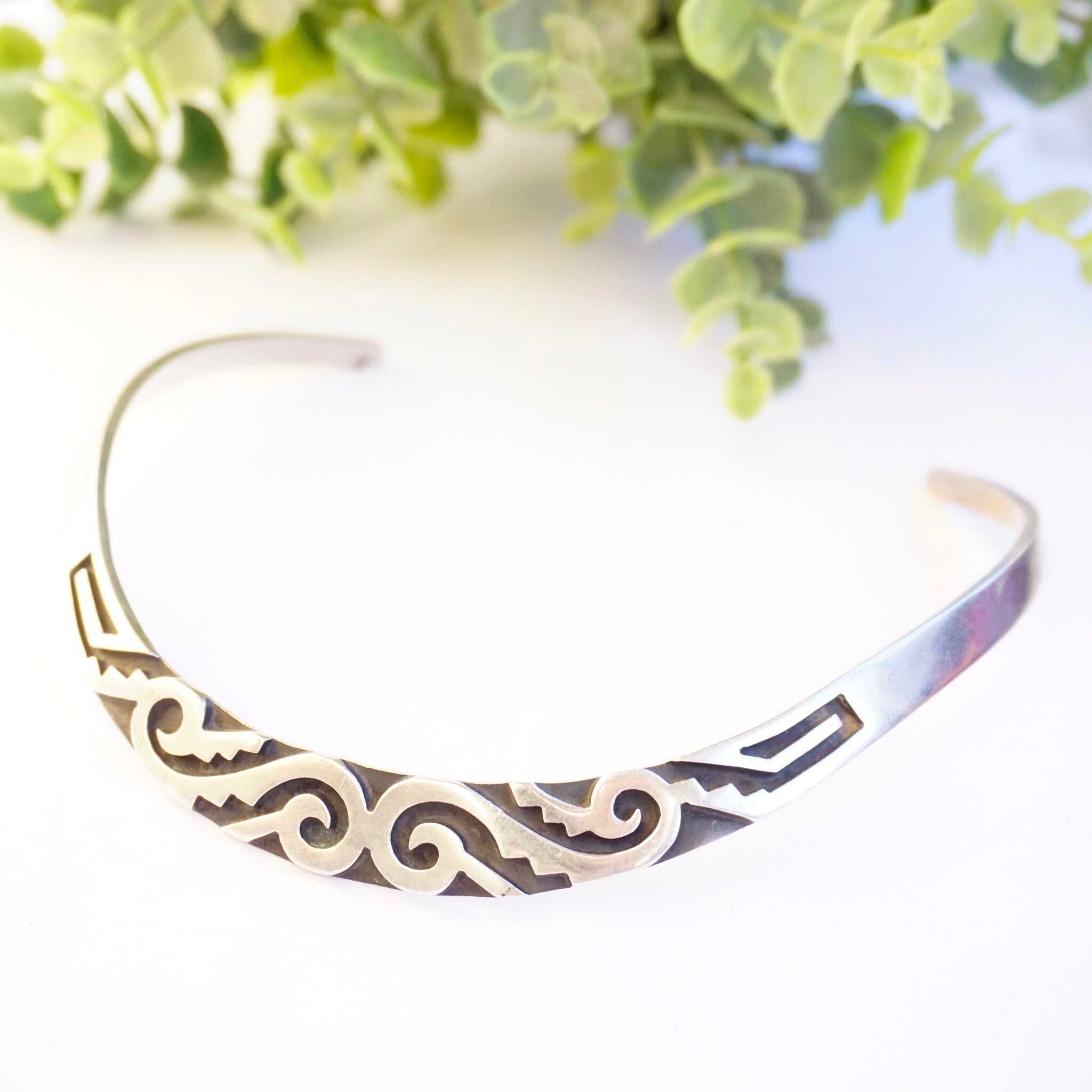 Vintage Sterling Silver Aztec Collar Necklace, Abstract Engraved Silver Choker, Tribal Style Sterling Silver Collar, Statement Piece Choker