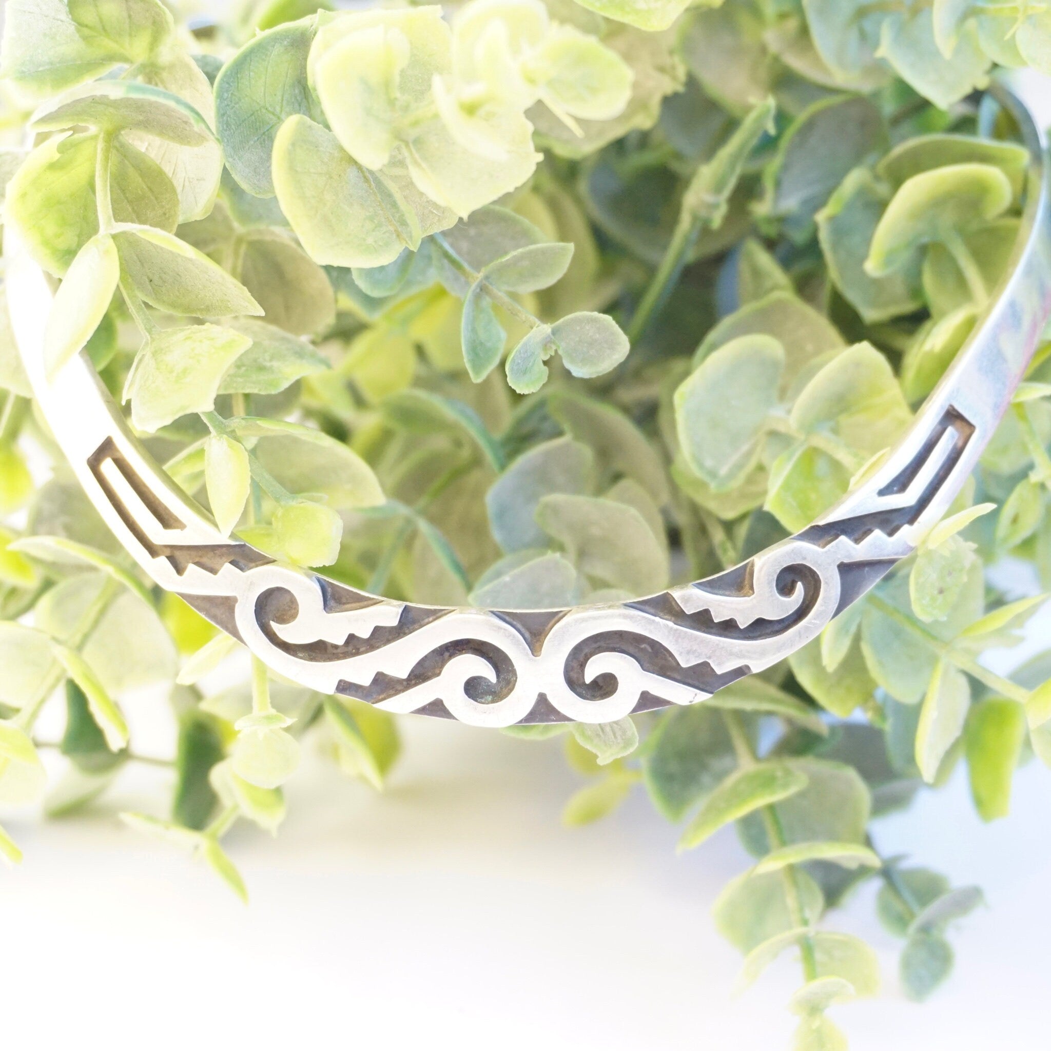 Vintage Sterling Silver Aztec Collar Necklace, Abstract Engraved Silver Choker, Tribal Style Sterling Silver Collar, Statement Piece Choker