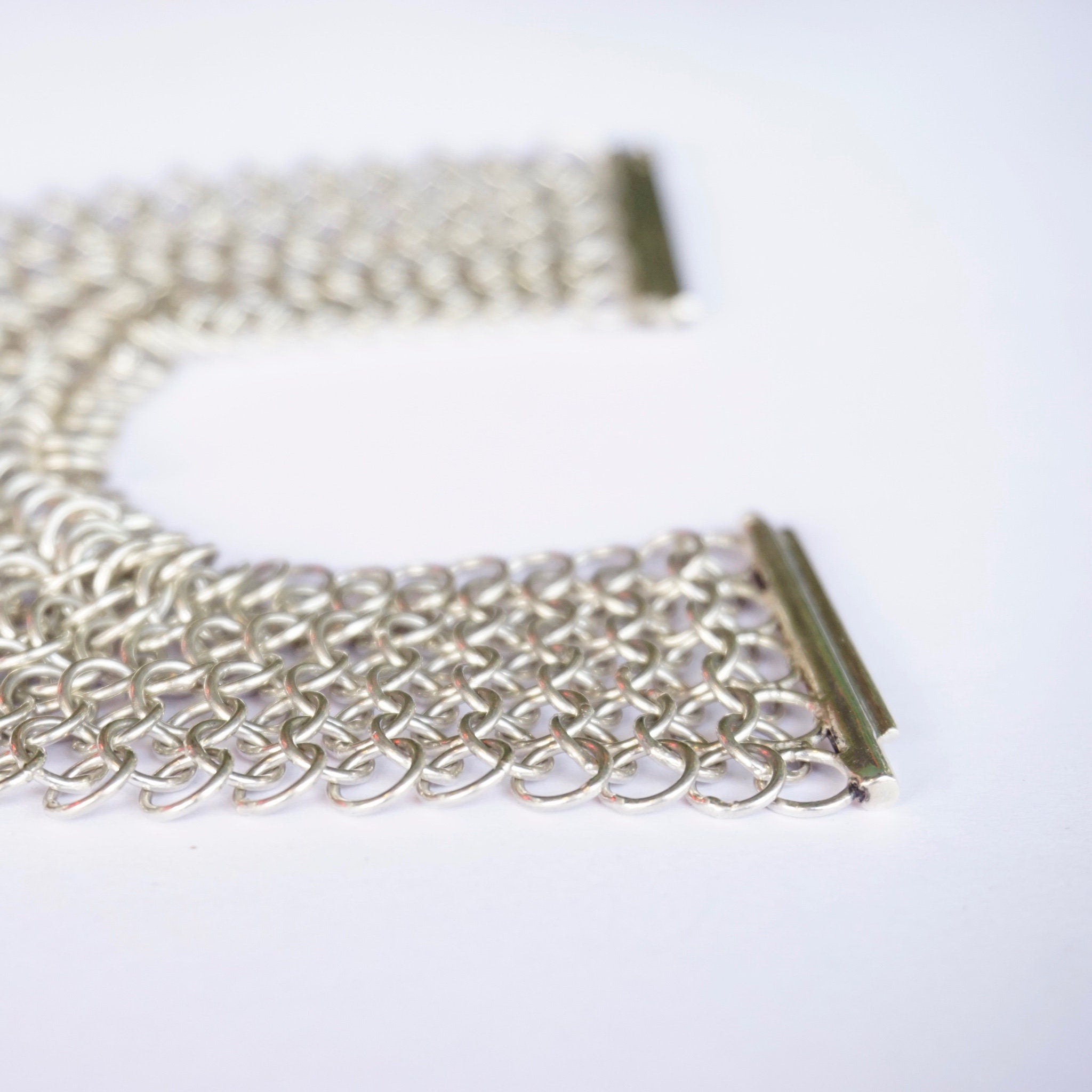 Vintage Sterling Silver Chainmail Bracelet, Thick Chainmail Silver Bracelet Cuff With Slide Lock Clasp, Elegant Sterling Bracelet