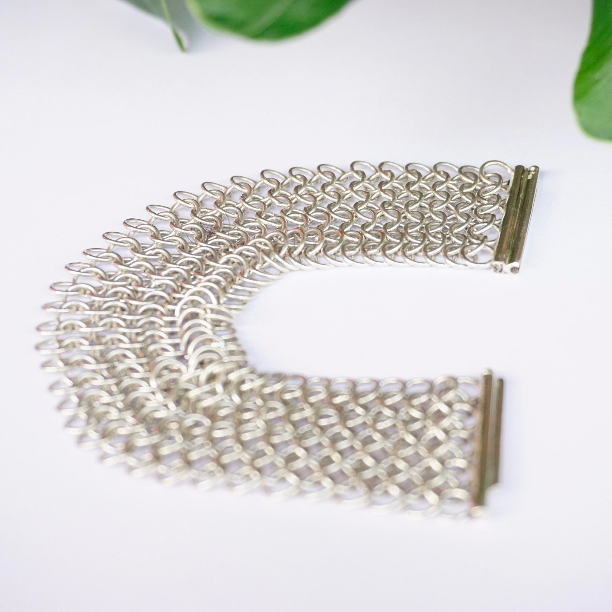 Vintage Sterling Silver Chainmail Bracelet, Thick Chainmail Silver Bracelet Cuff With Slide Lock Clasp, Elegant Sterling Bracelet