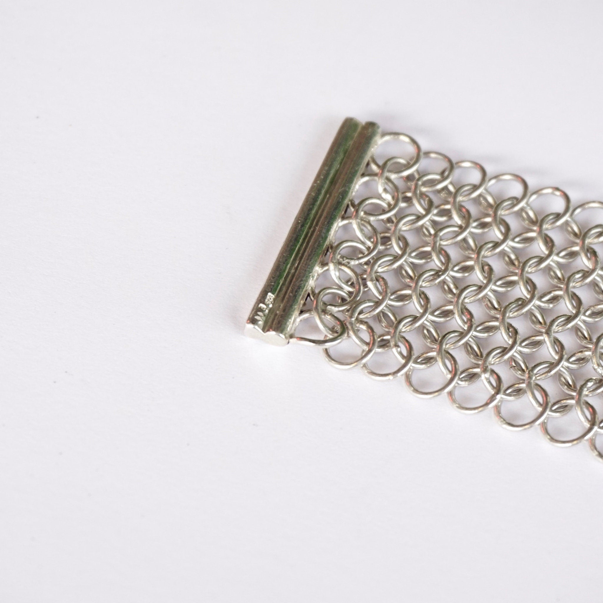 Vintage Sterling Silver Chainmail Bracelet, Thick Chainmail Silver Bracelet Cuff With Slide Lock Clasp, Elegant Sterling Bracelet