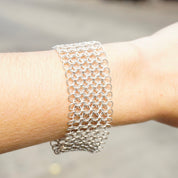 Vintage Sterling Silver Chainmail Bracelet, Thick Chainmail Silver Bracelet Cuff With Slide Lock Clasp, Elegant Sterling Bracelet