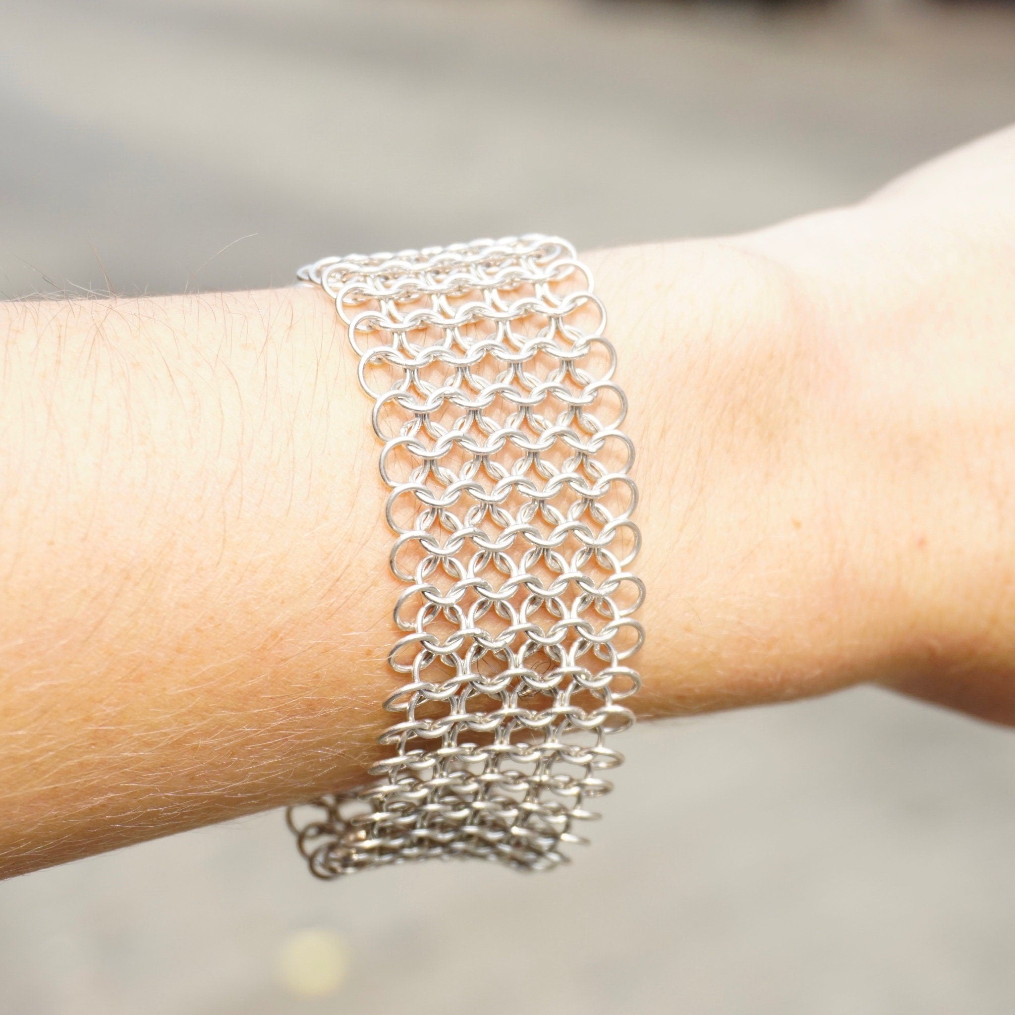 Vintage Sterling Silver Chainmail Bracelet, Thick Chainmail Silver Bracelet Cuff With Slide Lock Clasp, Elegant Sterling Bracelet