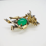 Vintage Germany Sterling Gold Toned Jelly Belly Puss in Boots Brooch With Chrysoprase and Marcasite, Quirky Cat Pin With Green Gemstone