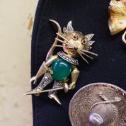 Vintage Germany Sterling Gold Toned Jelly Belly Puss in Boots Brooch With Chrysoprase and Marcasite, Quirky Cat Pin With Green Gemstone