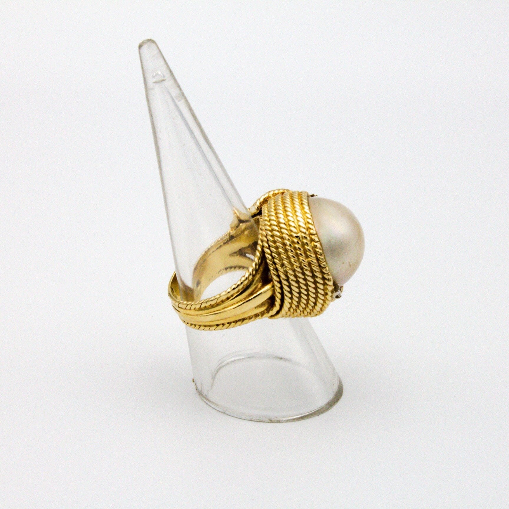 Vintage 14K Gold Mabe Pearl and Diamond Cocktail Ring, Gold Estate Ring With Large Pearl and Accent Diamonds, Bold 14K Gold Pearl Ring