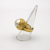 Vintage 14K Gold Mabe Pearl and Diamond Cocktail Ring, Gold Estate Ring With Large Pearl and Accent Diamonds, Bold 14K Gold Pearl Ring
