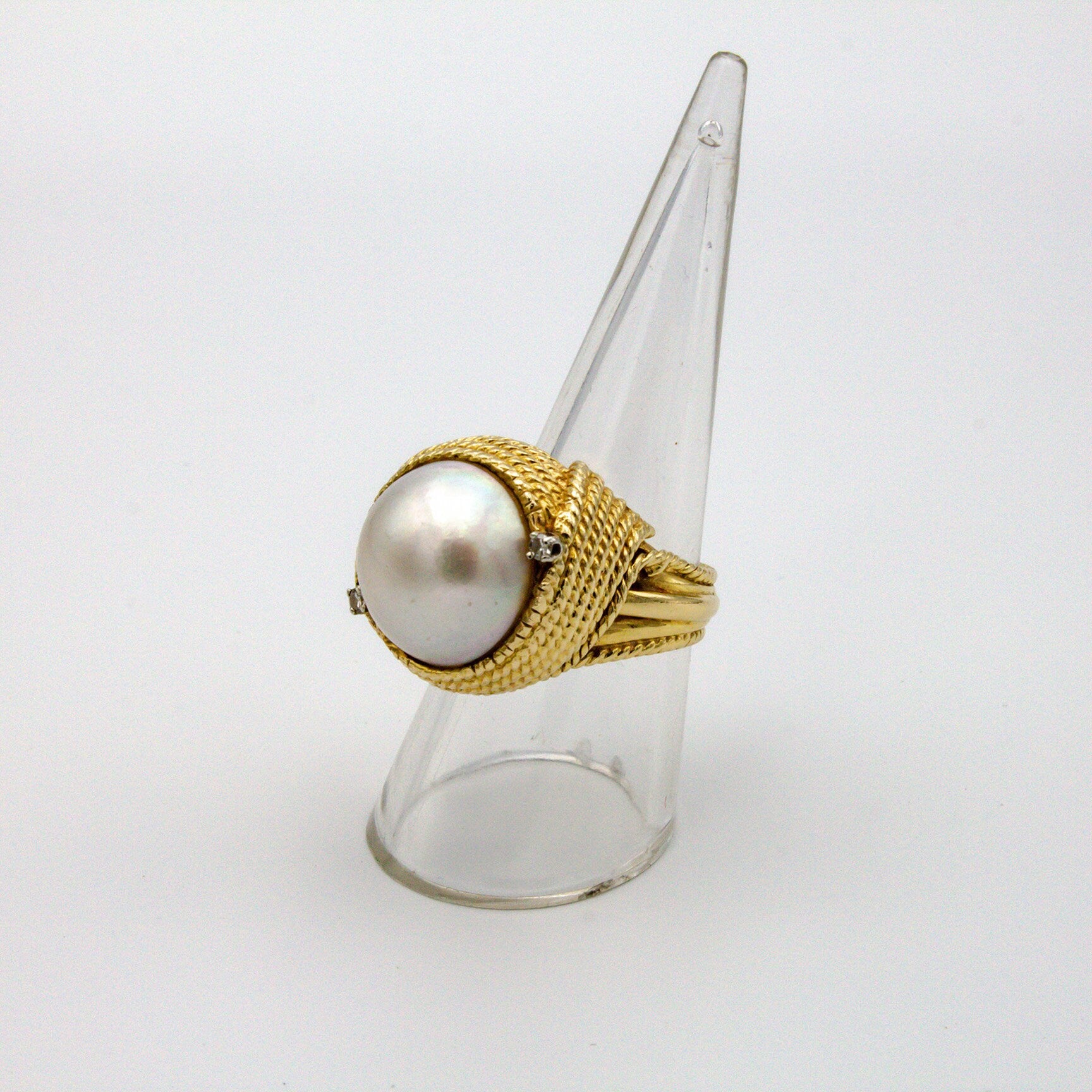 Vintage 14K Gold Mabe Pearl and Diamond Cocktail Ring, Gold Estate Ring With Large Pearl and Accent Diamonds, Bold 14K Gold Pearl Ring