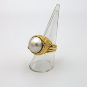 Vintage 14K Gold Mabe Pearl and Diamond Cocktail Ring, Gold Estate Ring With Large Pearl and Accent Diamonds, Bold 14K Gold Pearl Ring
