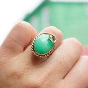 Vintage 14K Gold Jade and Diamond Cocktail Ring, Gold Twist Estate Ring With Green Jade Stone and Diamond Accent, Large Jade Cocktail Ring
