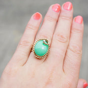 Vintage 14K Gold Jade and Diamond Cocktail Ring, Gold Twist Estate Ring With Green Jade Stone and Diamond Accent, Large Jade Cocktail Ring