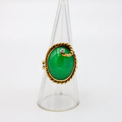 Vintage 14K Gold Jade and Diamond Cocktail Ring, Gold Twist Estate Ring With Green Jade Stone and Diamond Accent, Large Jade Cocktail Ring