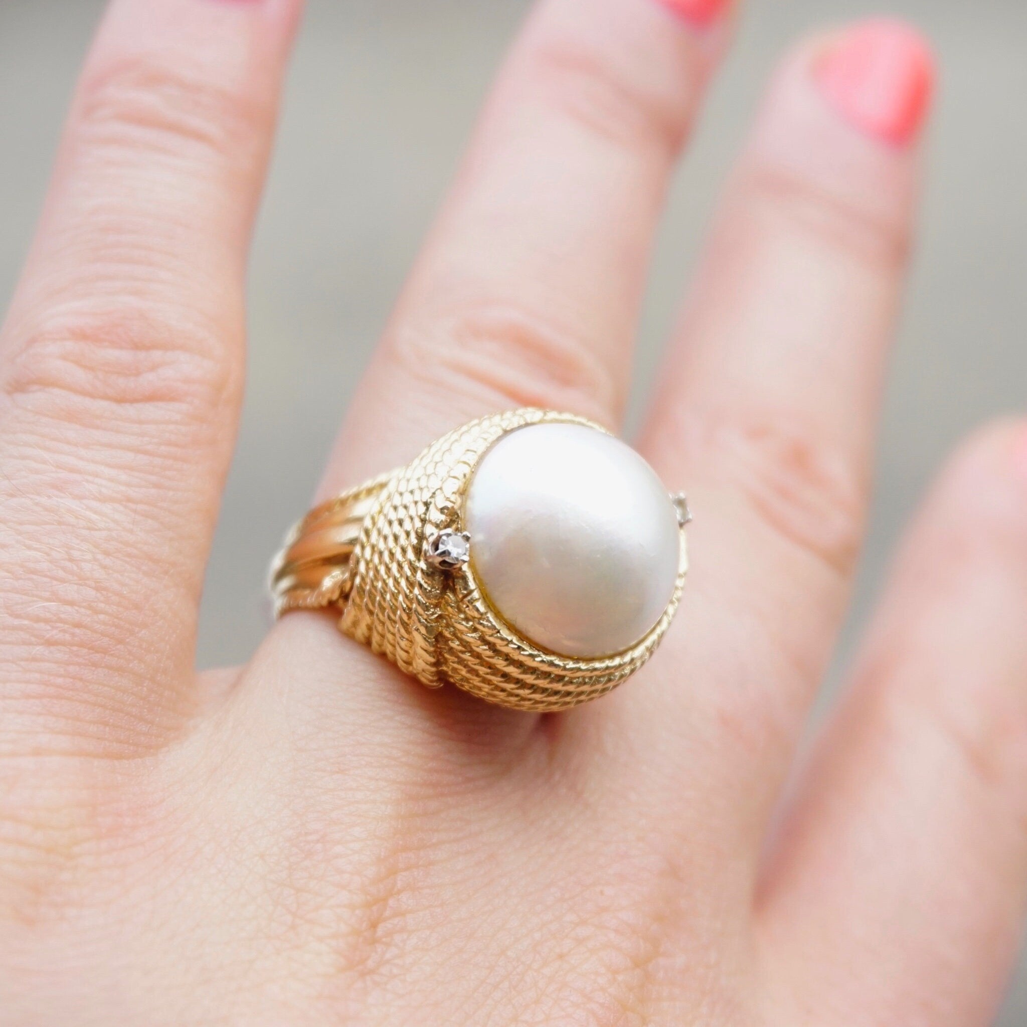 Vintage 14K Gold Mabe Pearl and Diamond Cocktail Ring, Gold Estate Ring With Large Pearl and Accent Diamonds, Bold 14K Gold Pearl Ring