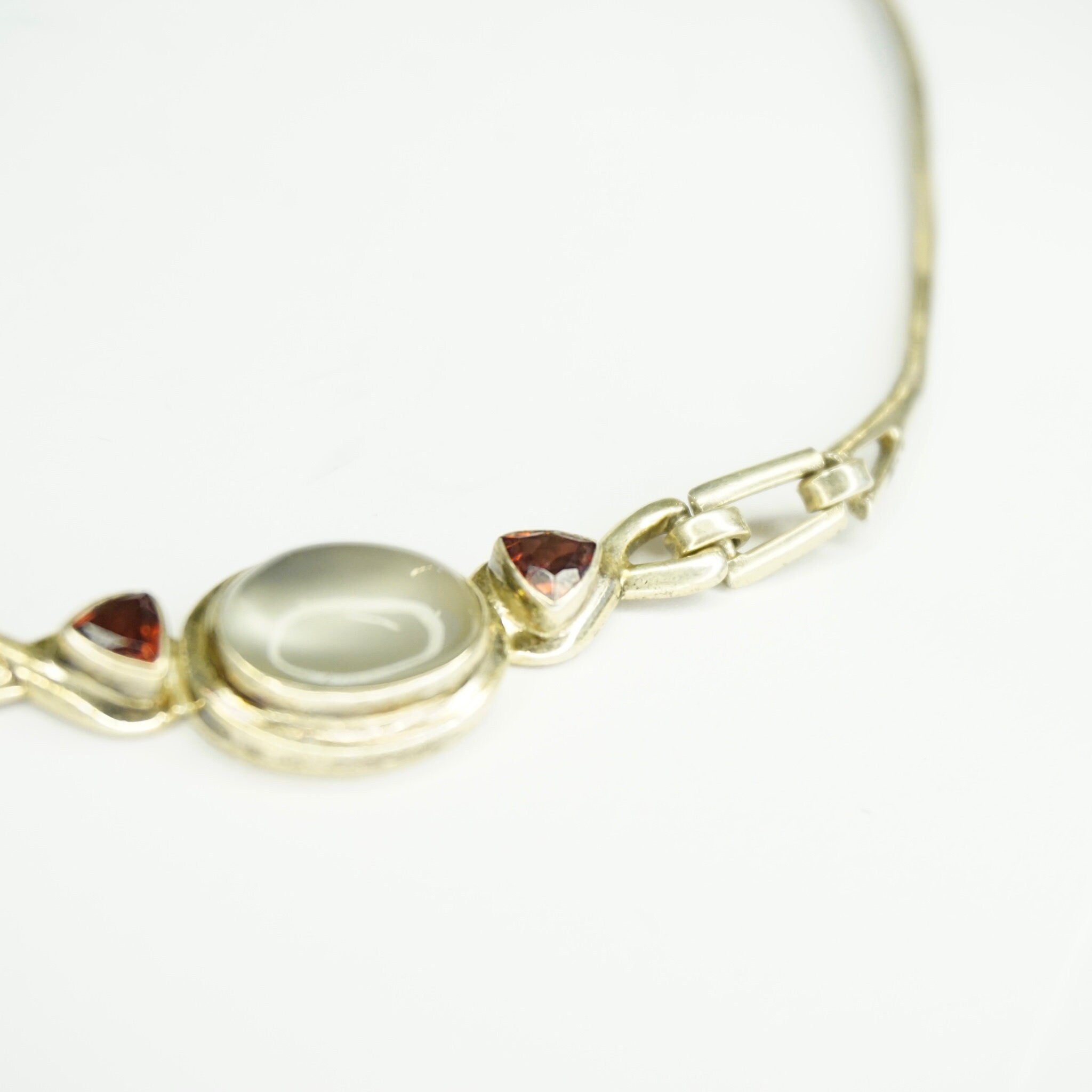 Vintage Sterling Silver Moonstone Choker, Silver Choker With Moonstone Pendant and Red Jewel Accents, Unique Sterling Choker, 925 Jewelry