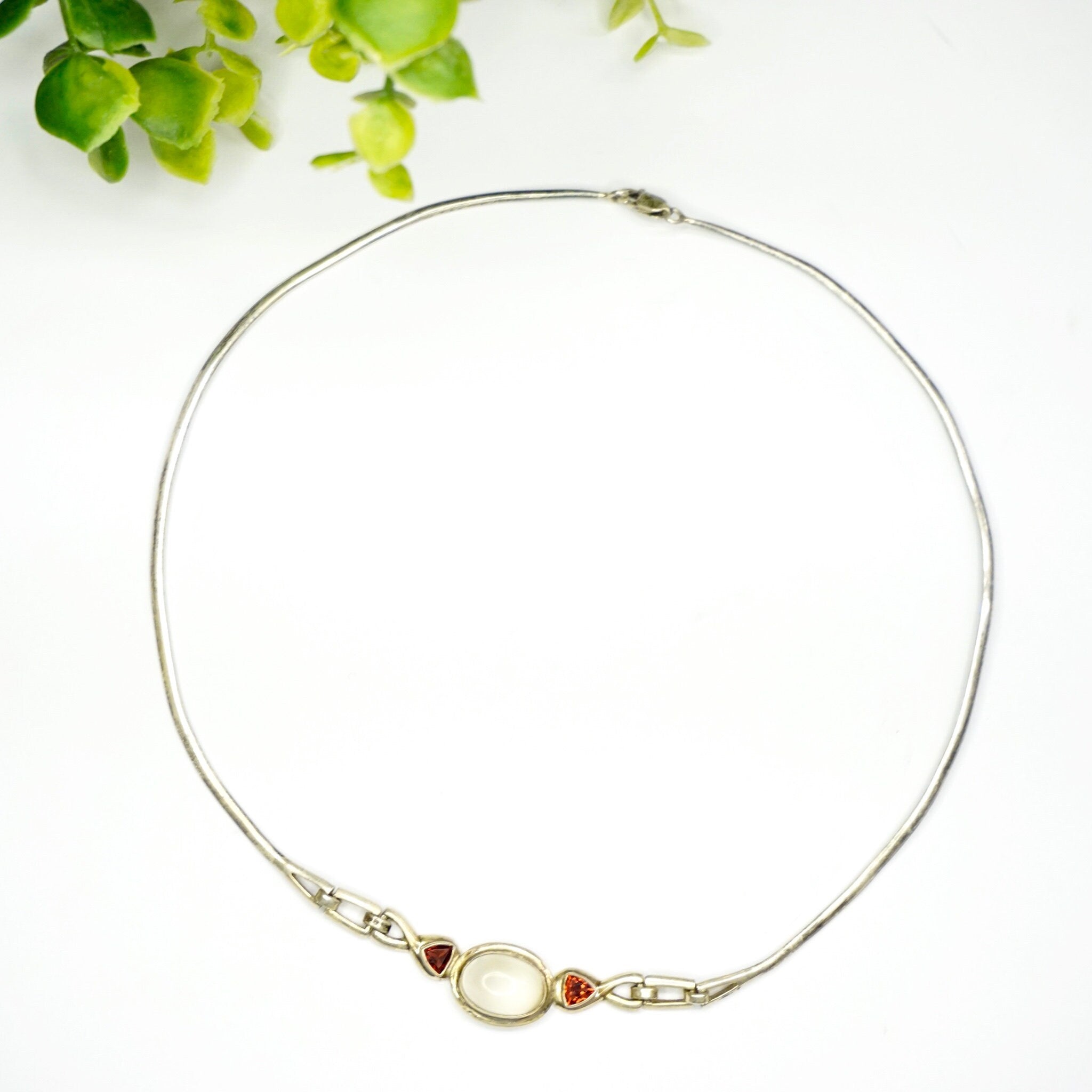 Vintage Sterling Silver Moonstone Choker, Silver Choker With Moonstone Pendant and Red Jewel Accents, Unique Sterling Choker, 925 Jewelry