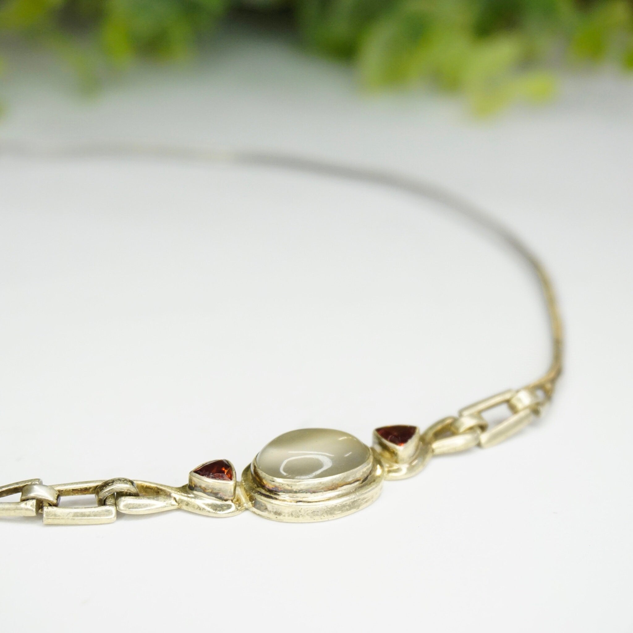 Vintage Sterling Silver Moonstone Choker, Silver Choker With Moonstone Pendant and Red Jewel Accents, Unique Sterling Choker, 925 Jewelry