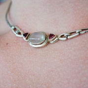 Vintage Sterling Silver Moonstone Choker, Silver Choker With Moonstone Pendant and Red Jewel Accents, Unique Sterling Choker, 925 Jewelry