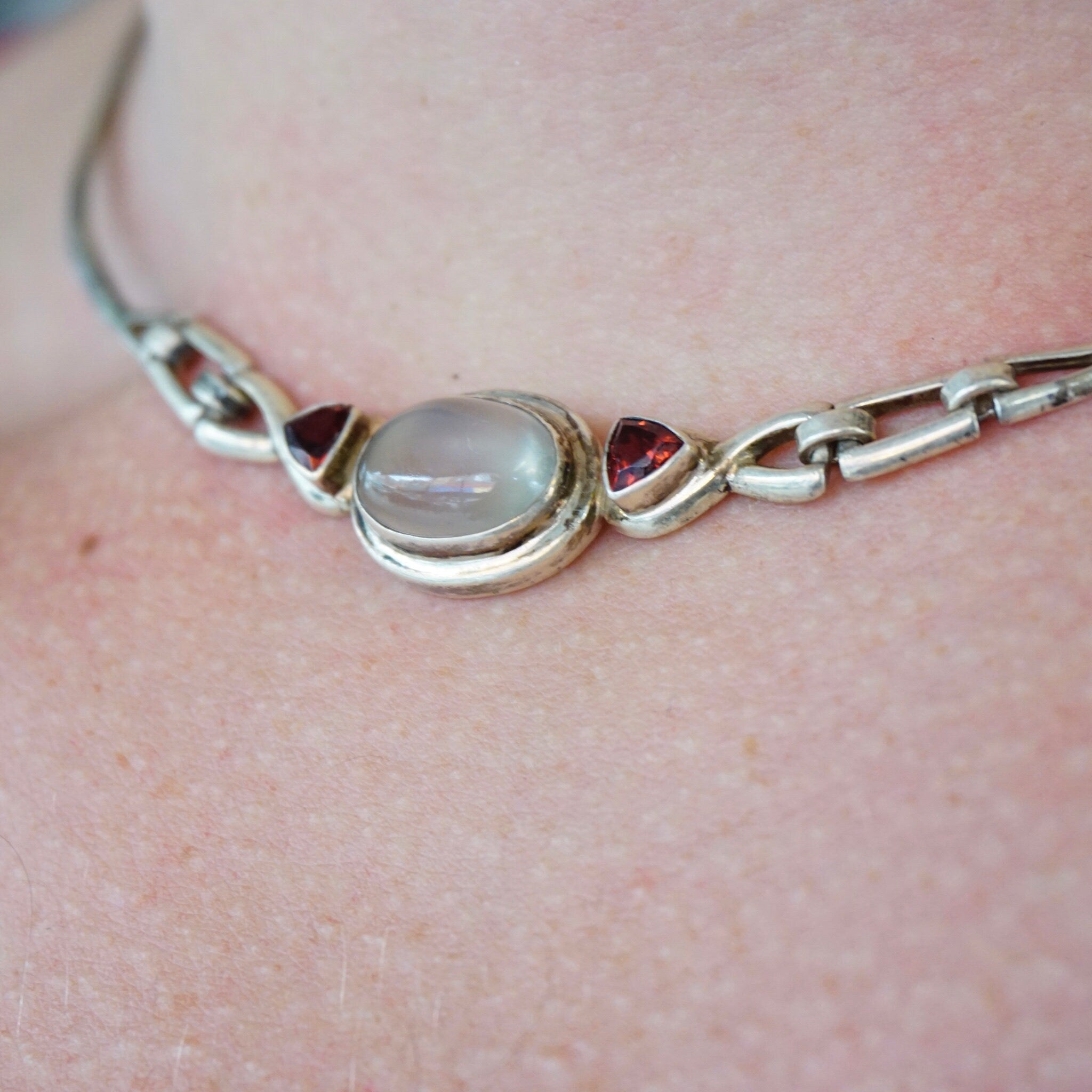 Vintage Sterling Silver Moonstone Choker, Silver Choker With Moonstone Pendant and Red Jewel Accents, Unique Sterling Choker, 925 Jewelry