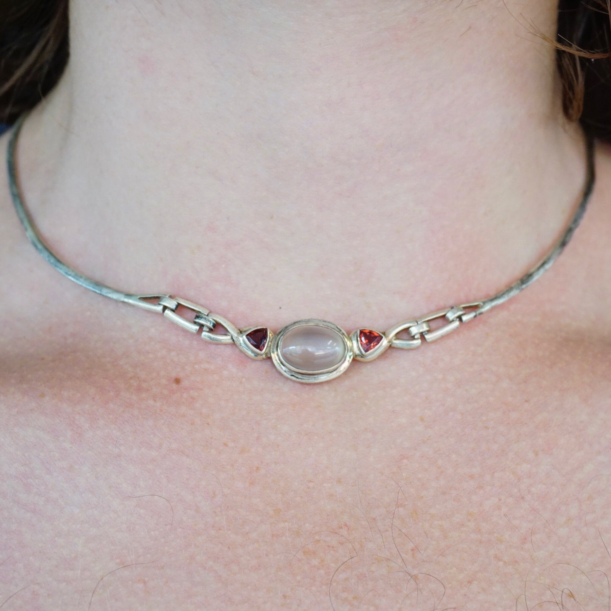 Vintage Sterling Silver Moonstone Choker, Silver Choker With Moonstone Pendant and Red Jewel Accents, Unique Sterling Choker, 925 Jewelry